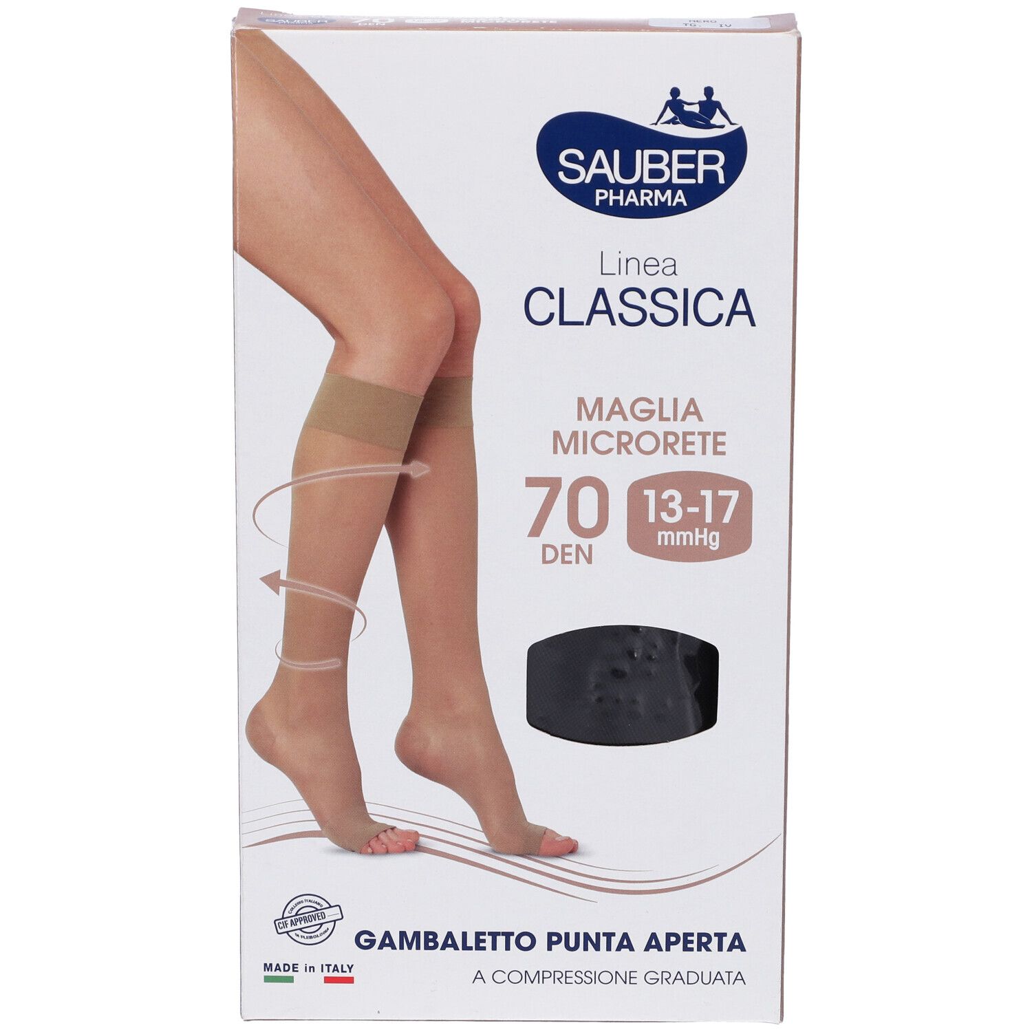 Confezione Sauber Classica 70 Den Gambaletto P. Aperta. Gambaletti a compressione nella confezione. Marchio e nome del prodotto sono in vista.