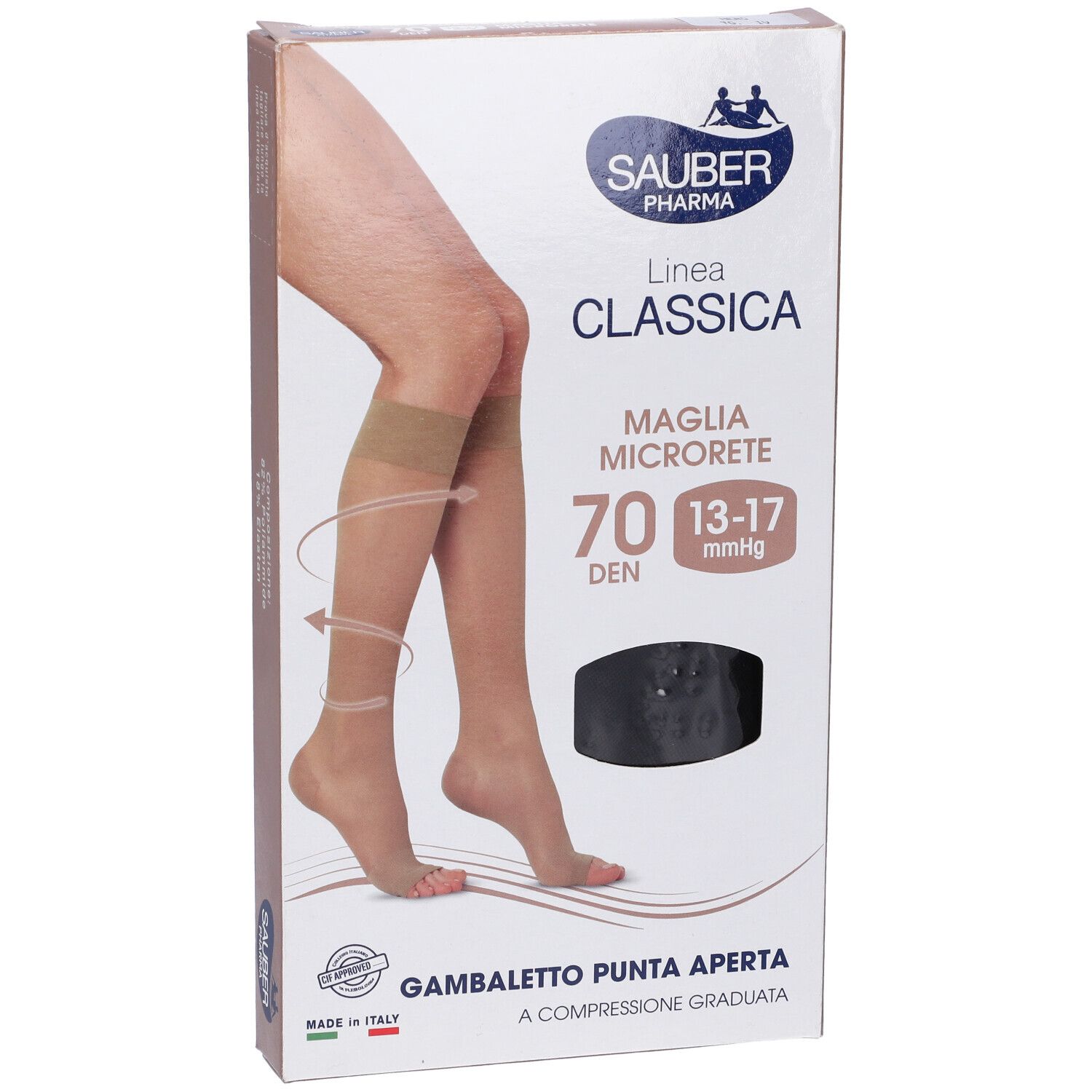 Confezione Sauber Classica 70 Den Gambaletto P. Aperta. Gambaletti a compressione nella confezione. Marchio e nome del prodotto sono in vista.
