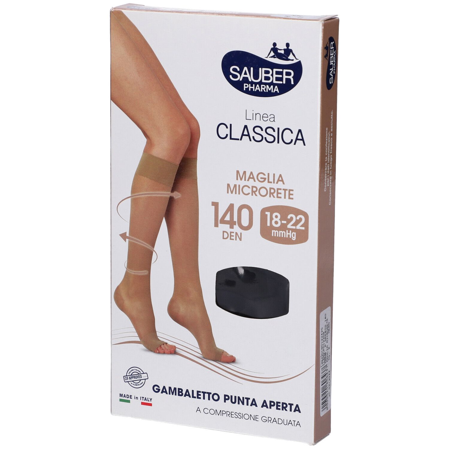 Confezione Sauber Classica 140 Den Gambaletto P. Aperta. Immagine: gamba con calze a compressione, oggetto nero.
