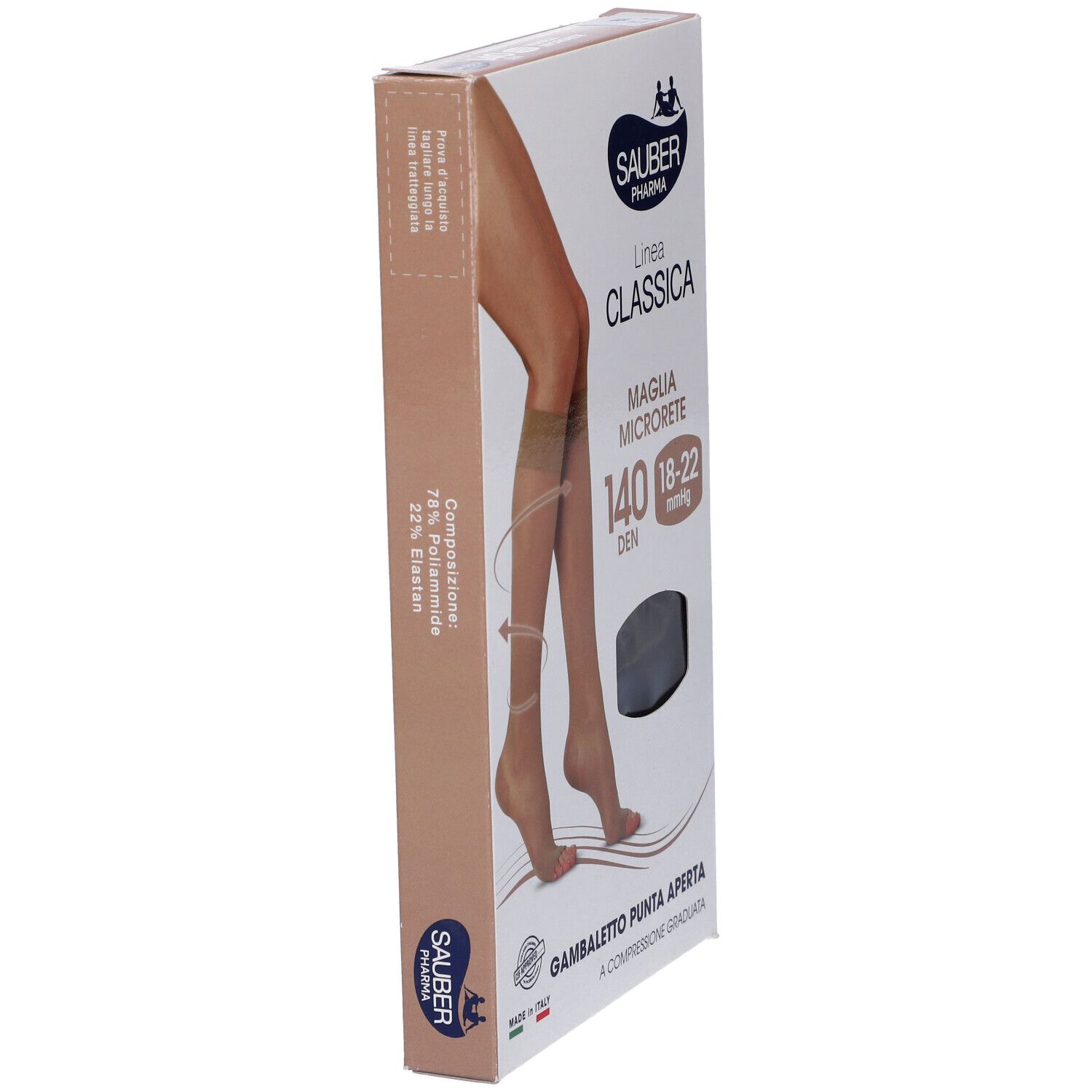 Confezione Sauber Classica 140 Den Gambaletto P. Aperta. Vista laterale. Immagine: gamba con calze a compressione.