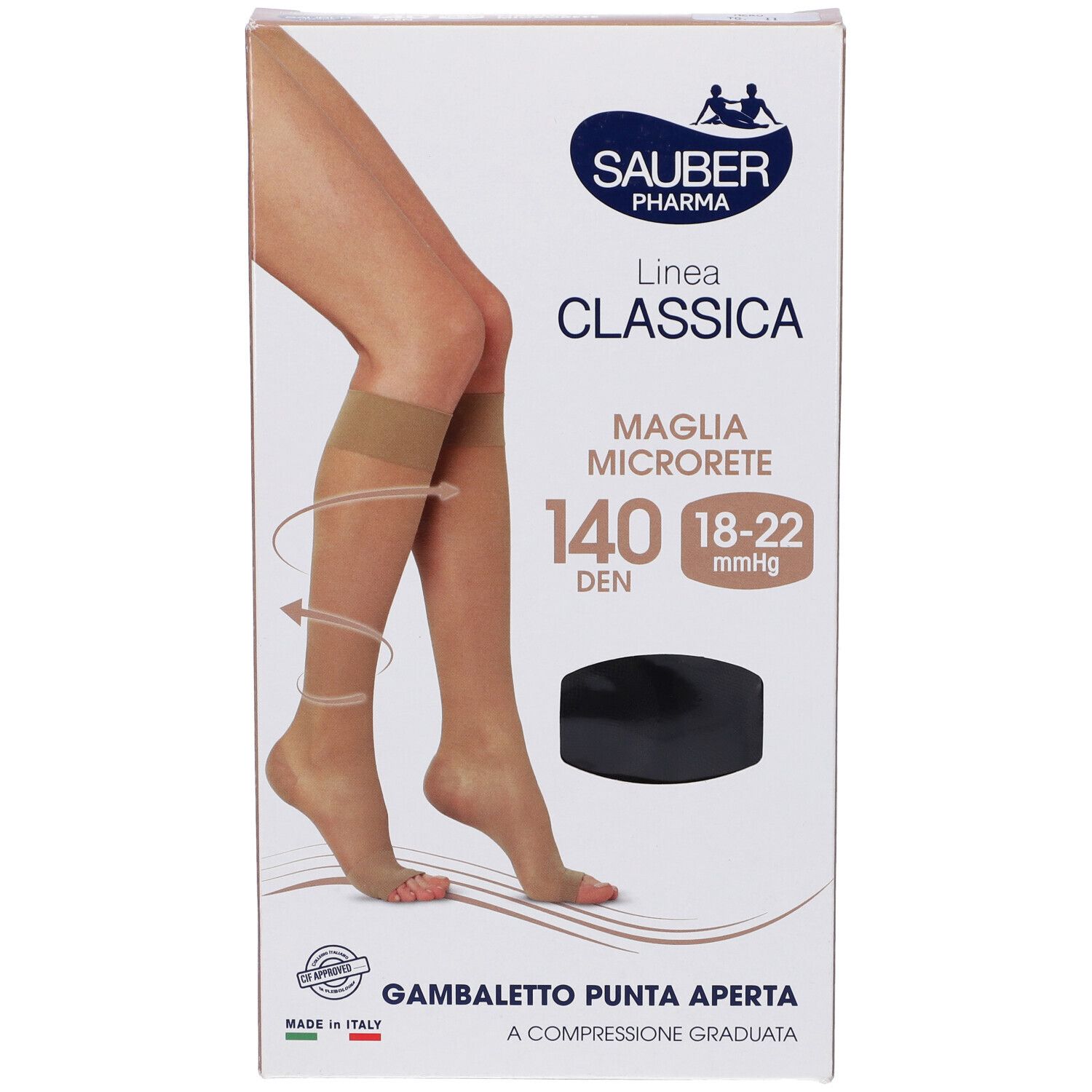 Confezione Sauber Classica 140 Den Gambaletto P. Aperta. Immagine: gamba con calze a compressione, oggetto nero.