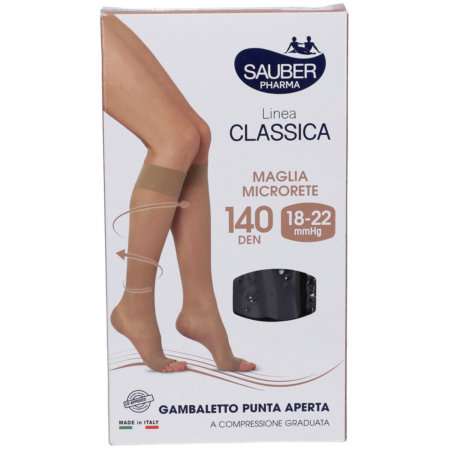 Sauber Classica 140 Den Gambaletto P. Aperta, calze a compressione. Nere. Confezione con immagine del prodotto.