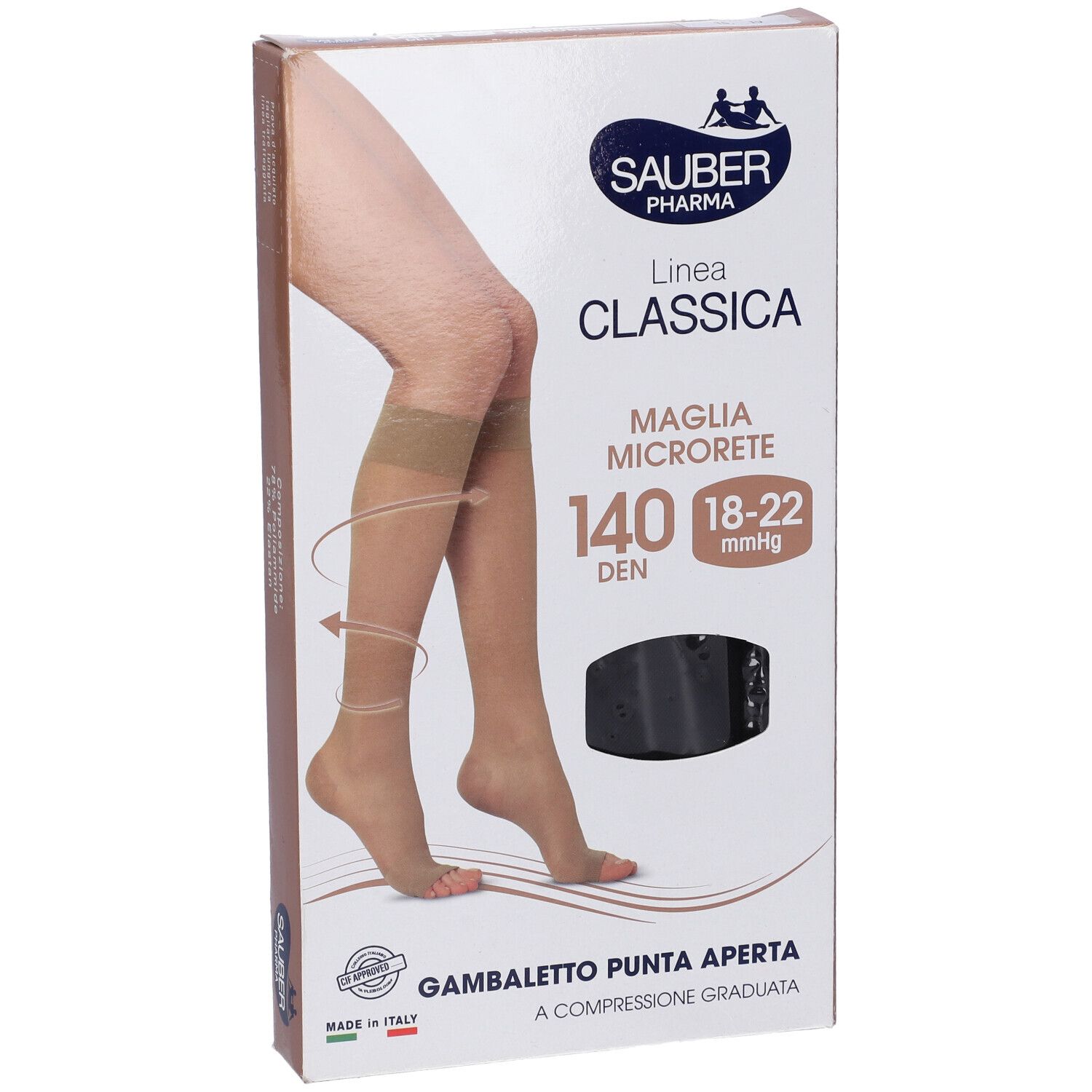 Sauber Classica 140 Den Gambaletto P. Aperta, calze a compressione. Beige. Confezione con immagine del prodotto.