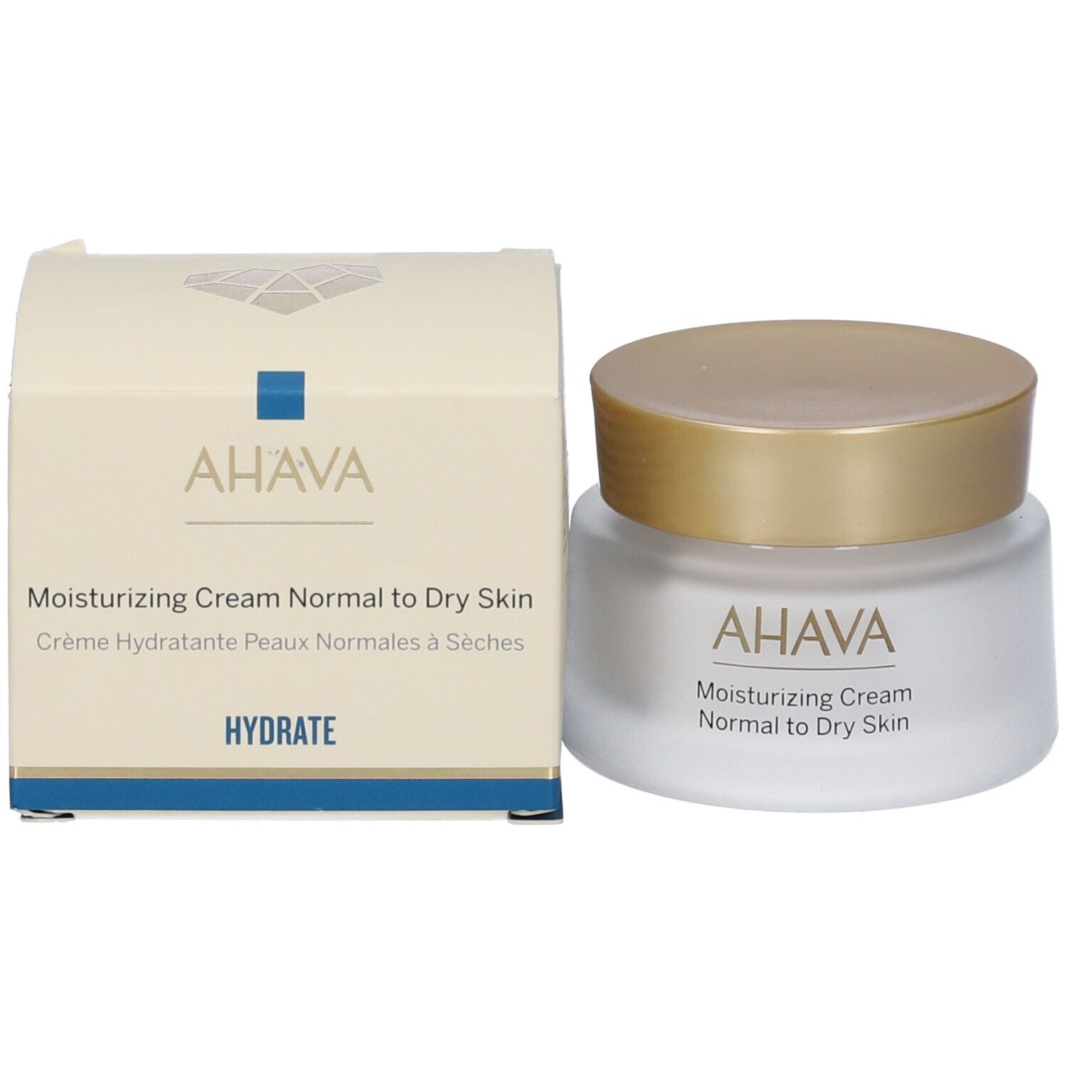 Cremebehälter und Verpackung. Aufschrift AHAVA, Moisturizing Cream, Normal to Dry Skin. Verpackung mit Logo.