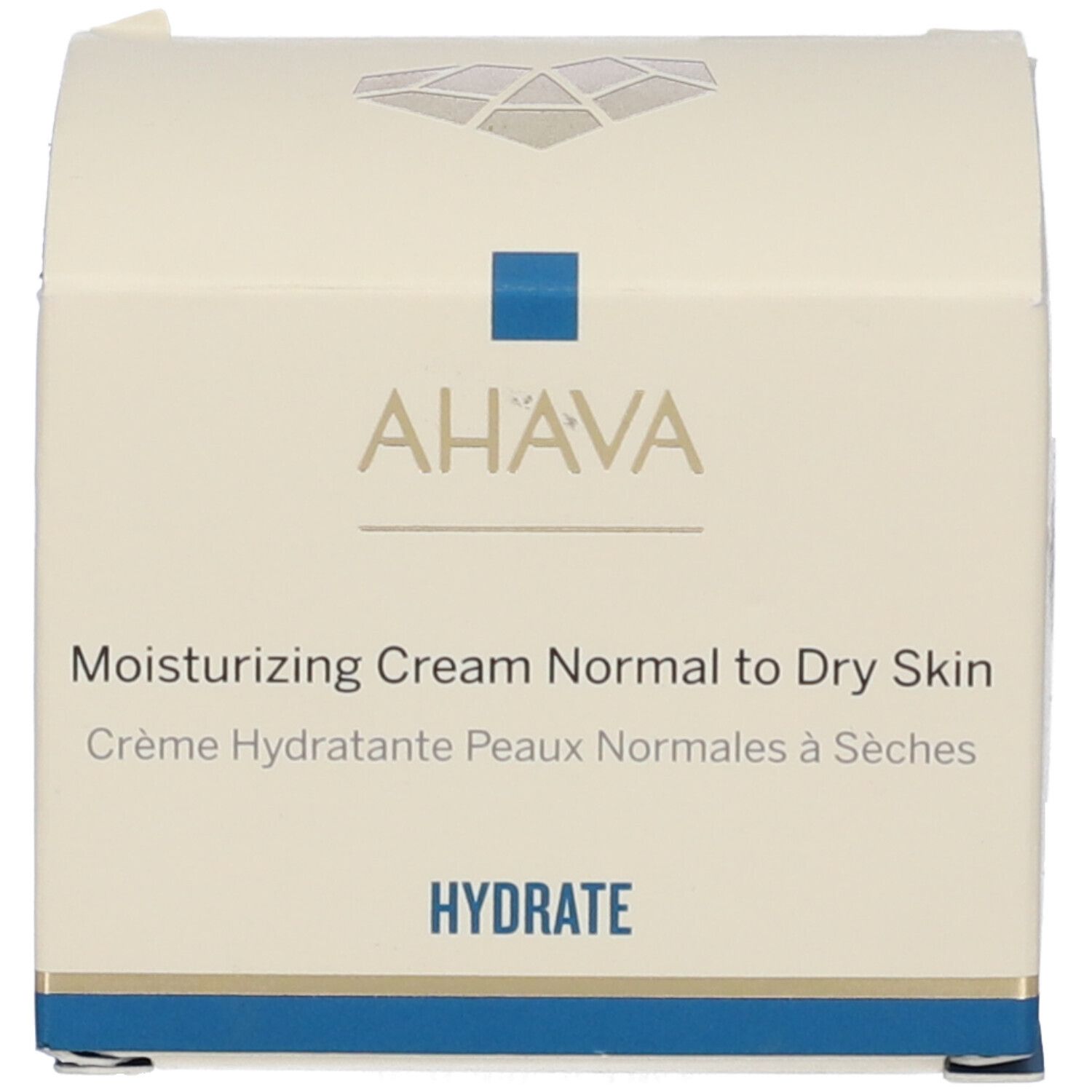 Verpackung mit AHAVA-Logo und Aufschrift Moisturizing Cream, Normal to Dry Skin. Text in Englisch und Französisch.