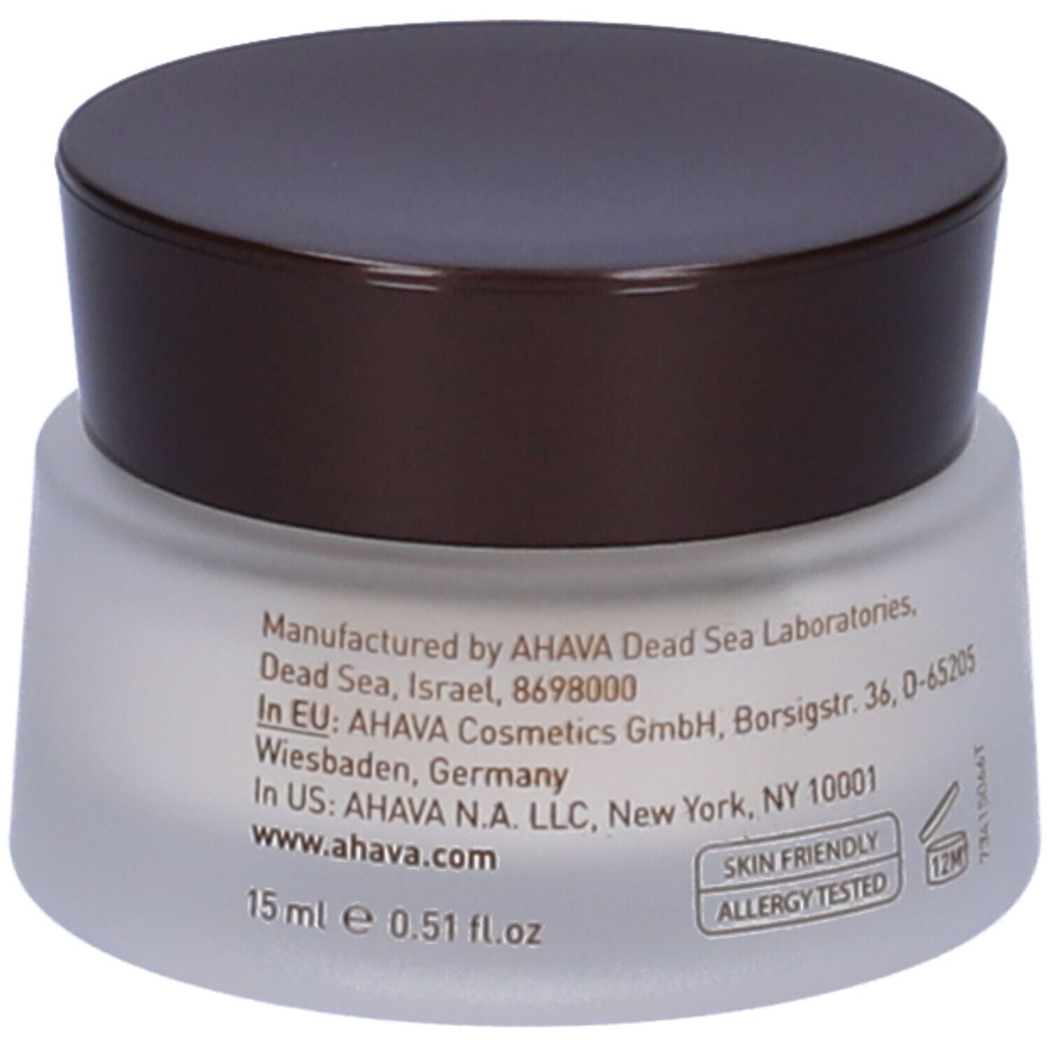 Rückseite des Cremebehälters. Herstellerinformationen, Adresse und Volumenangabe: 15 ml e 0.51 fl.oz.