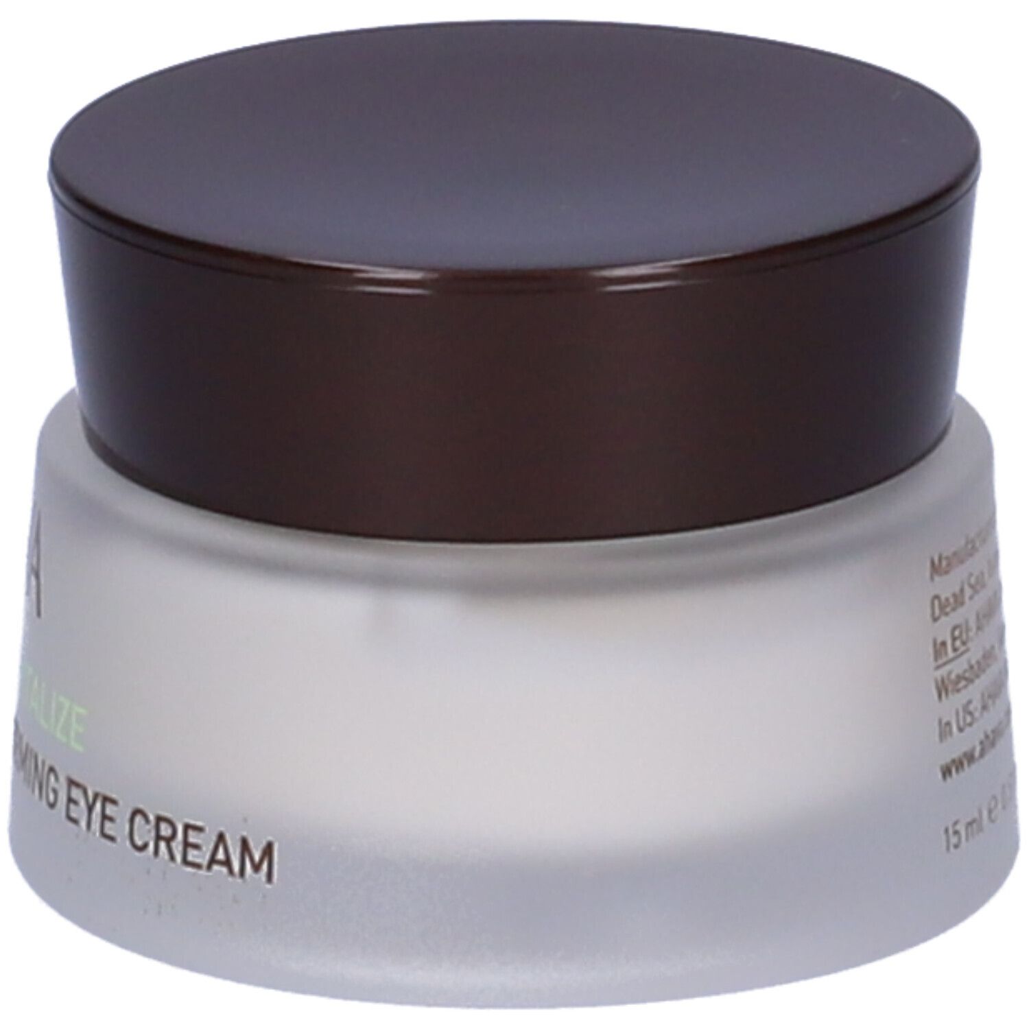 Cremebehälter mit braunem Deckel. AHAVA-Logo und Produktbezeichnung 'Extreme Firming Eye Cream' auf dem Glas.