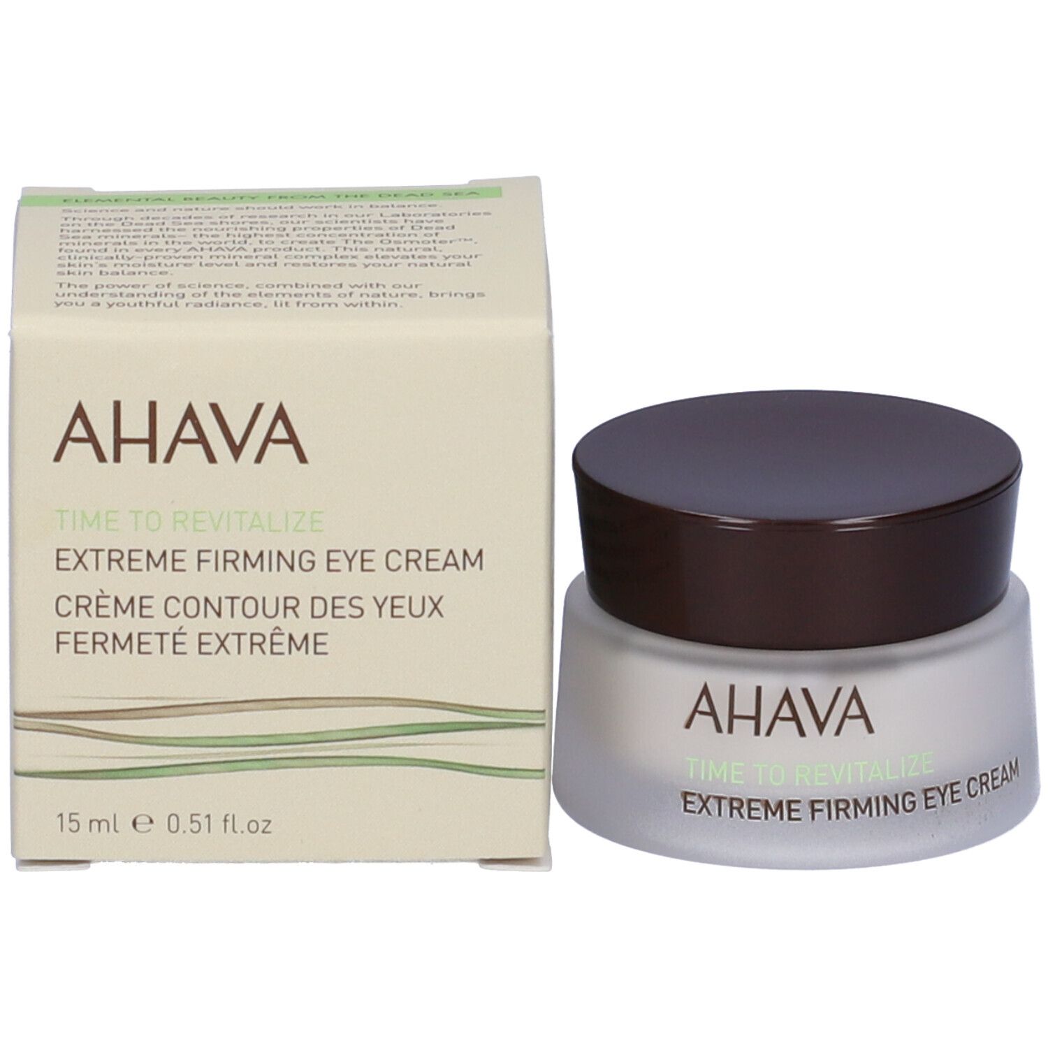 Cremebehälter und Verpackung. AHAVA-Logo und Produktbezeichnung 'Extreme Firming Eye Cream' auf beiden.
