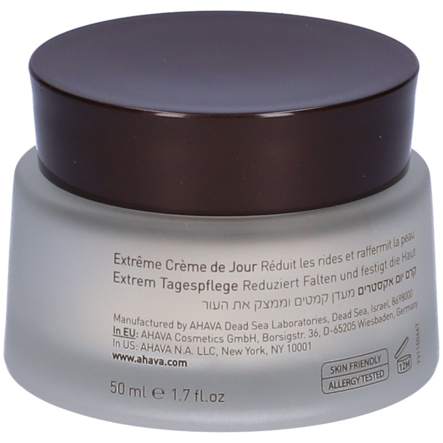 Creme-Glas mit braunem Deckel. Text: Extreme Tagespflege, reduziert Falten. Herstellerinformationen und Volumenangabe.