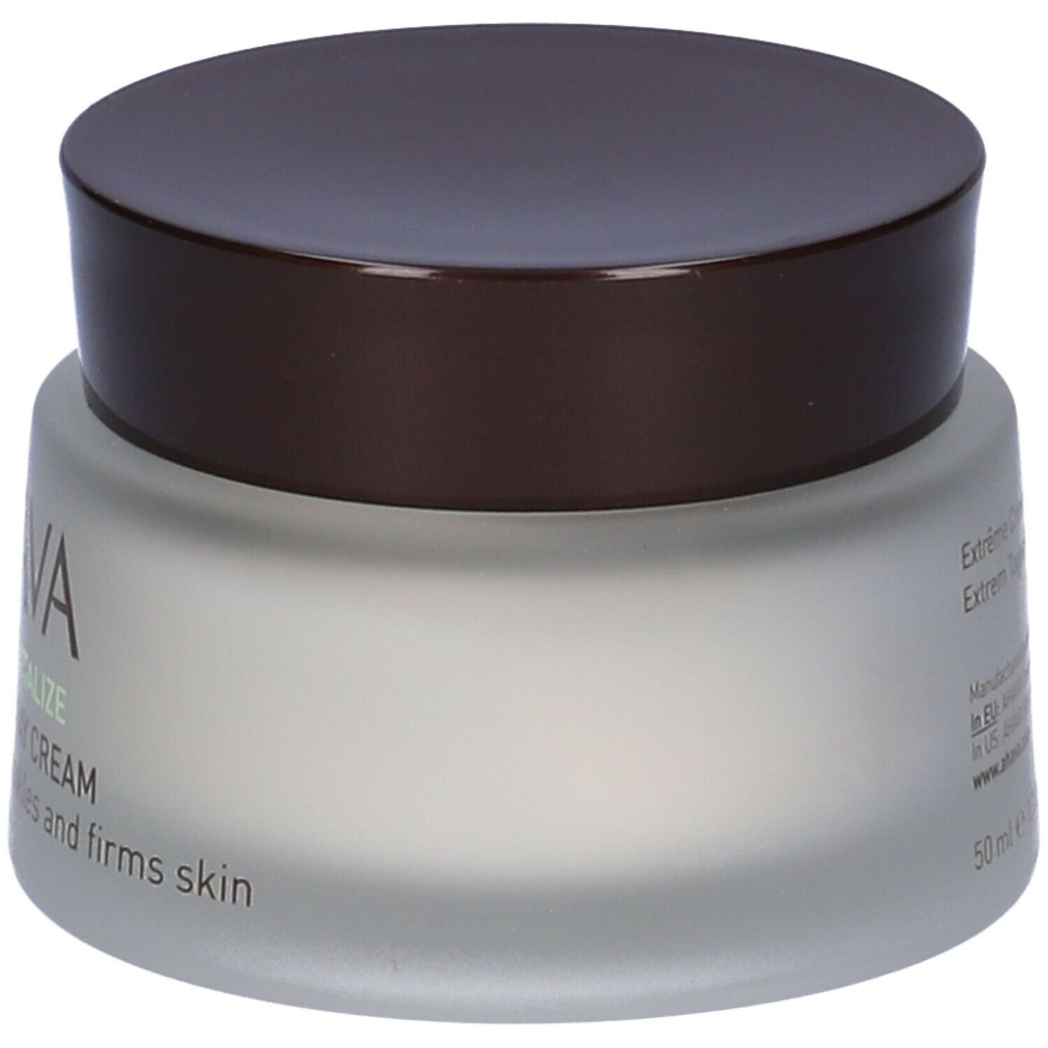 Creme-Glas mit braunem Deckel. AHAVA-Logo und Produktbezeichnung. Text: Extreme Tagespflege, reduziert Falten.
