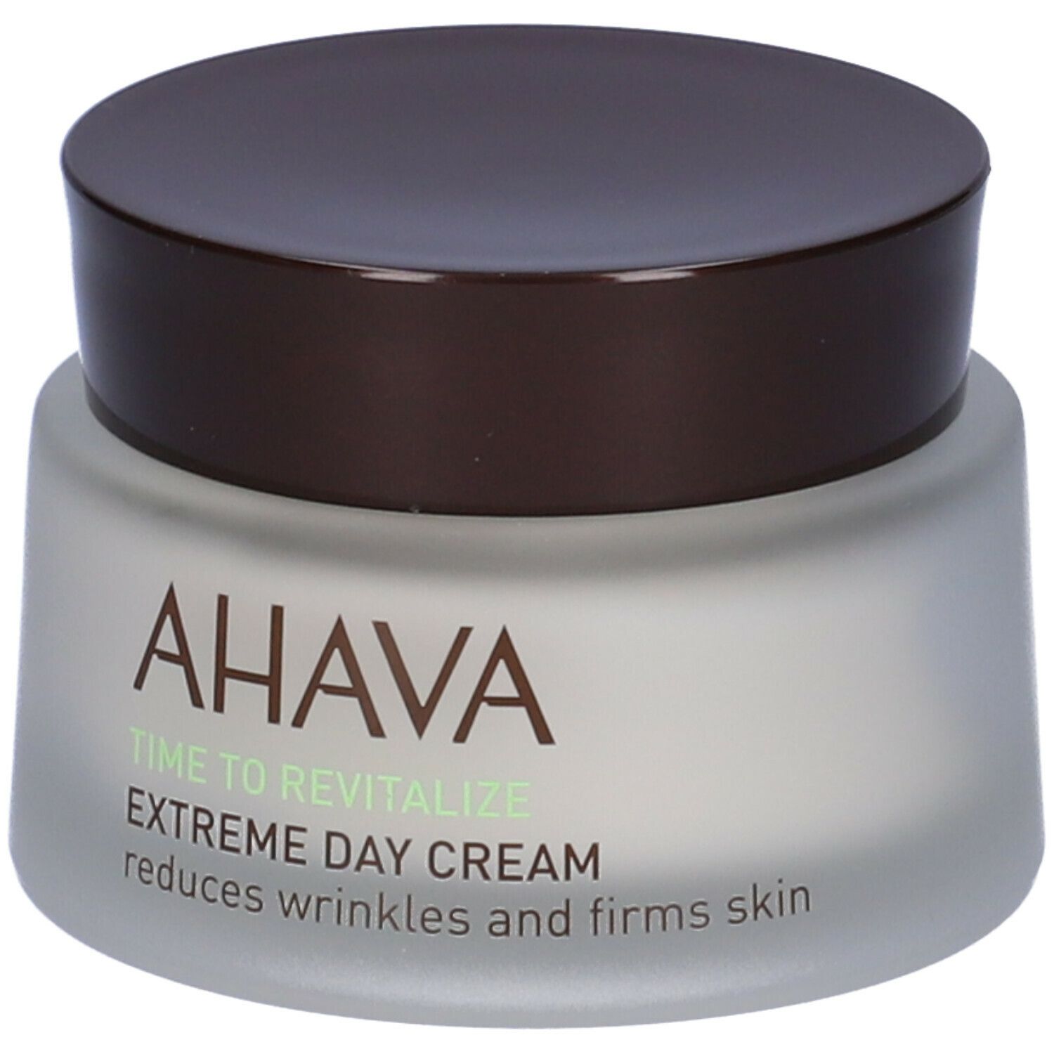 Creme-Glas mit braunem Deckel. AHAVA-Logo und Produktbezeichnung. Text: Extreme Tagespflege, reduziert Falten.