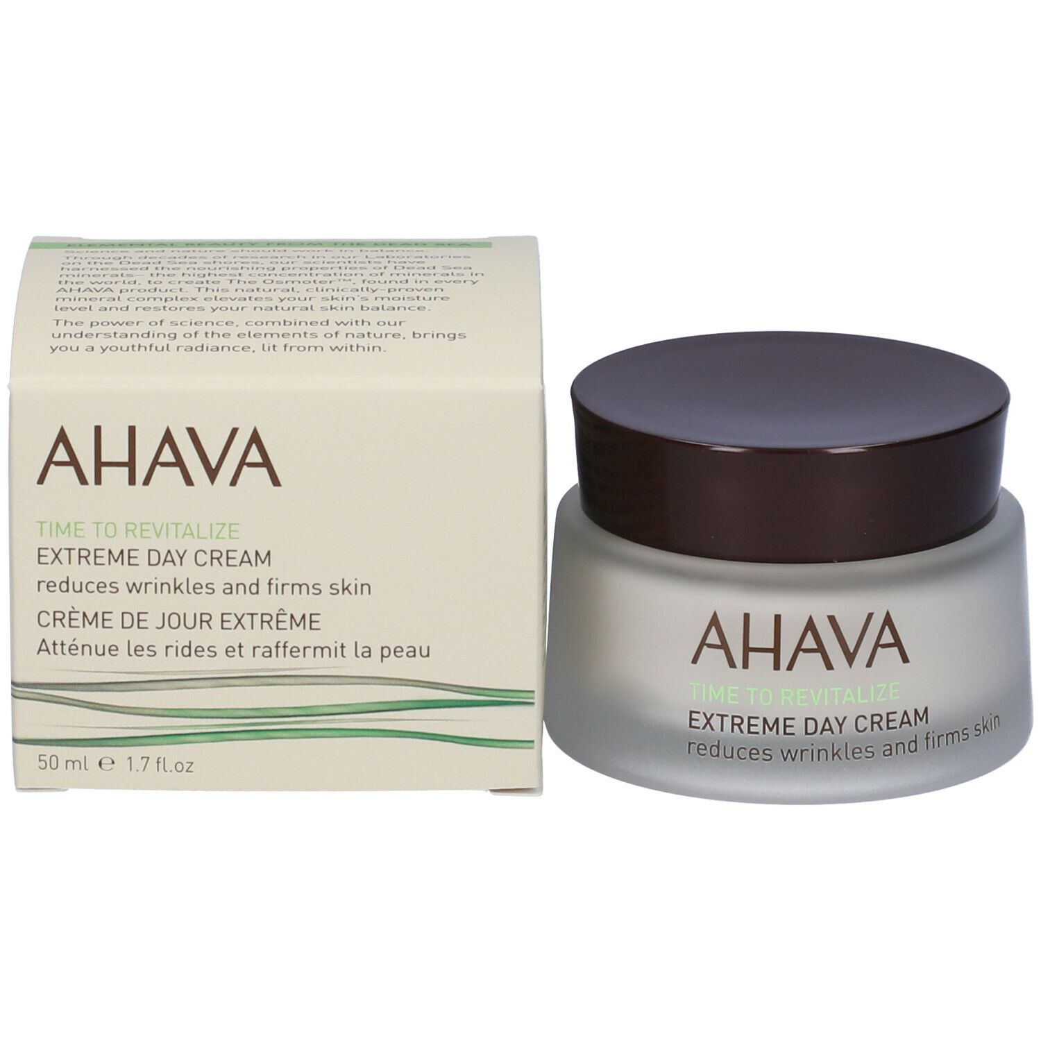 Creme-Glas mit braunem Deckel und Verpackung. AHAVA-Logo und Produktbezeichnung. Text: Extreme Tagespflege, reduziert Falten.