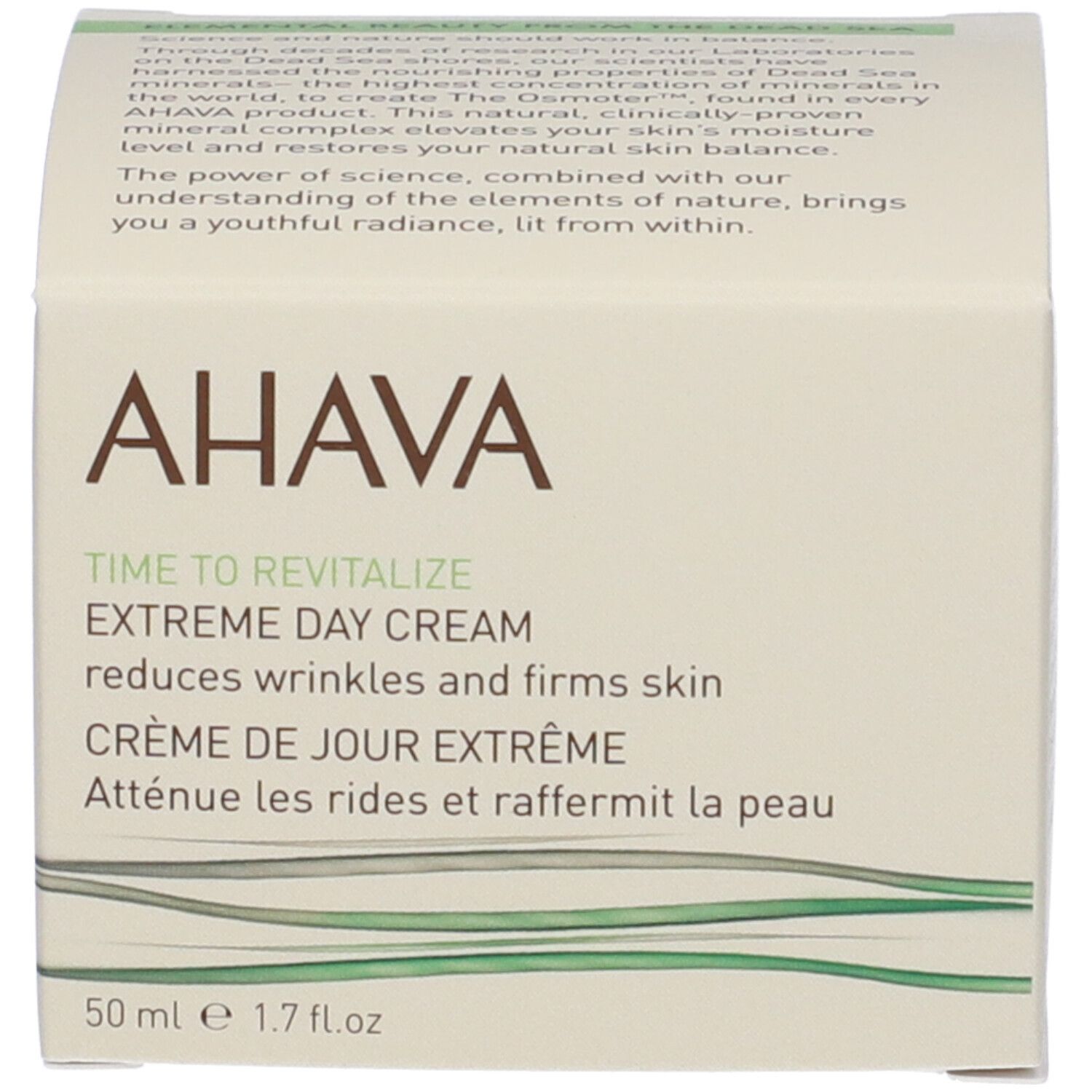 Verpackung mit AHAVA-Logo und Produktbezeichnung. Text: Extreme Tagespflege, reduziert Falten. Volumenangabe.