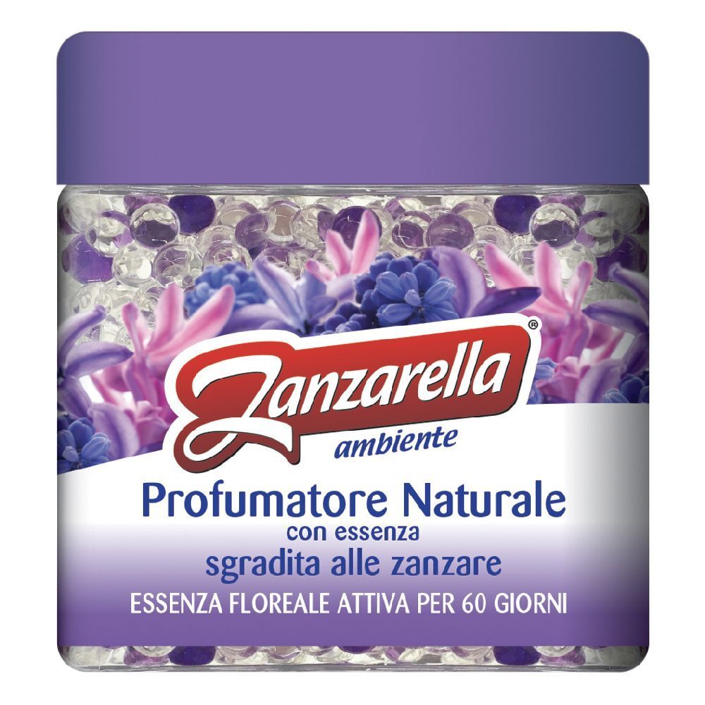 Zanzarella Perle A/Zanz Flor. Contenitore trasparente con coperchio viola. Contenuto: perle di gel e decorazione floreale. Testo: Profumatore Naturale.
