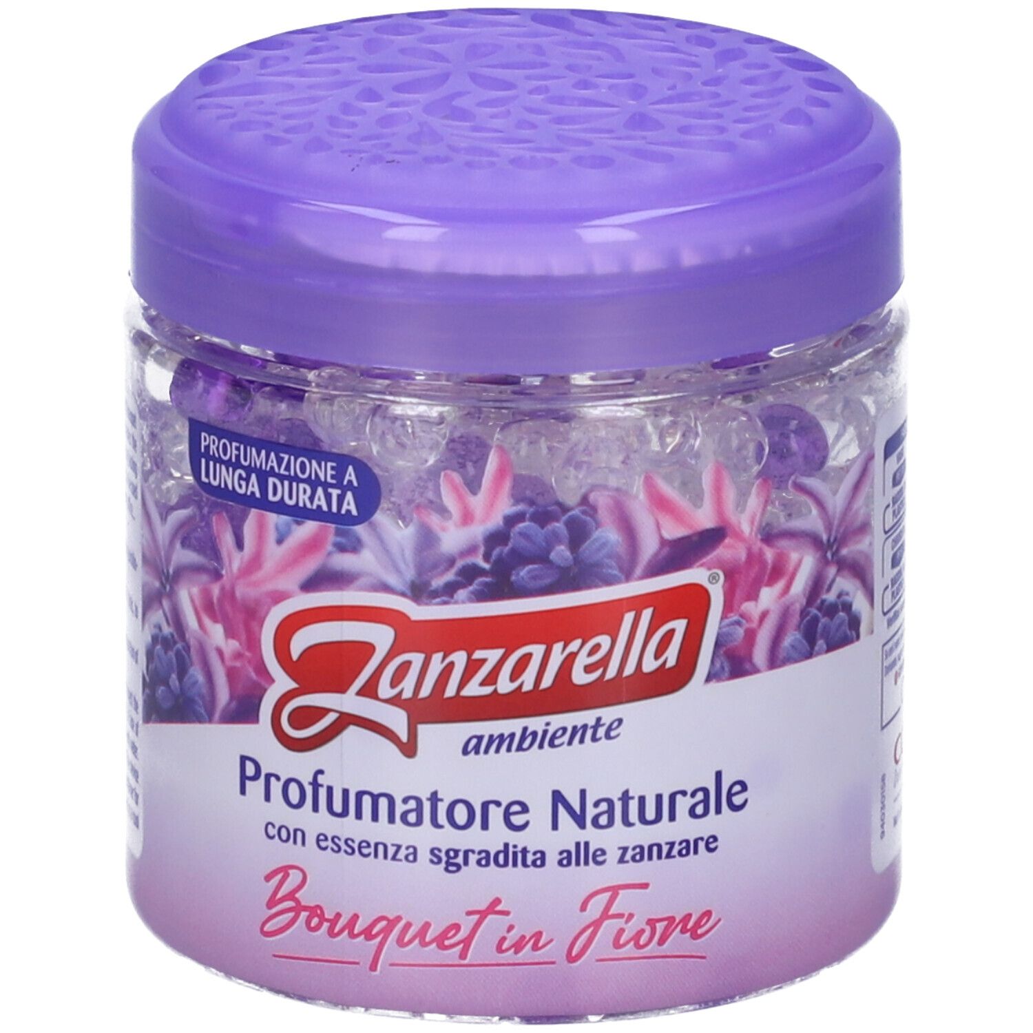 Zanzarella Perle A/Zanz Flor. Contenitore trasparente con coperchio viola. Contenuto: perle di gel e decorazione floreale. Testo: Profumatore Naturale, Bouquet in Fiore.