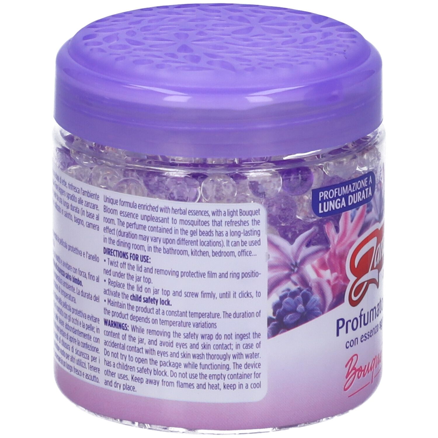 Zanzarella Perle A/Zanz Flor. Contenitore trasparente con coperchio viola. Contenuto: perle di gel. Testo: Profumatore Naturale, Bouquet in Fiore. Retro con testo.