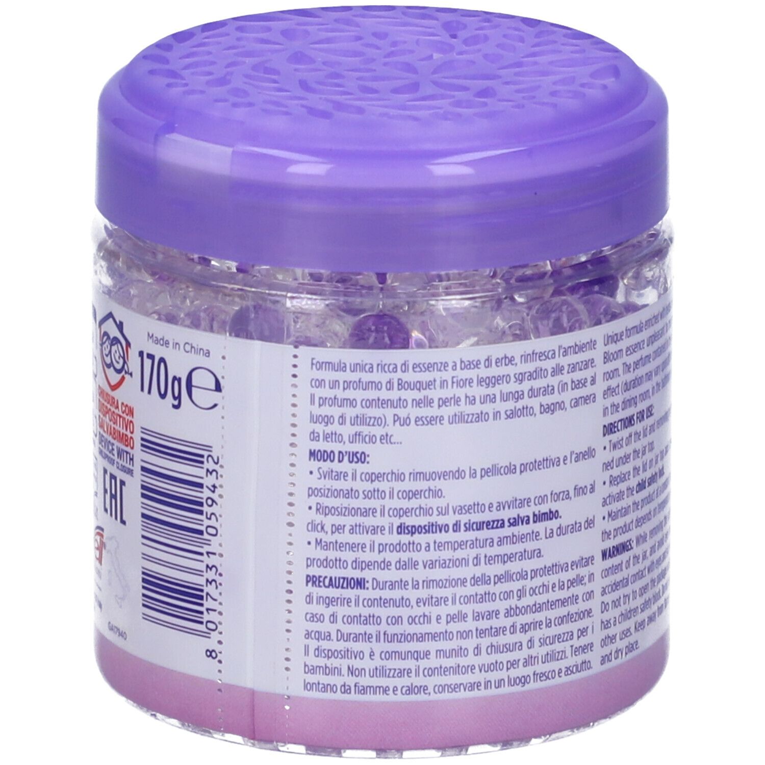 Zanzarella Perle A/Zanz Flor. Contenitore trasparente con coperchio viola. Contenuto: perle di gel. Testo: Profumatore Naturale, Bouquet in Fiore. Peso: 170g.