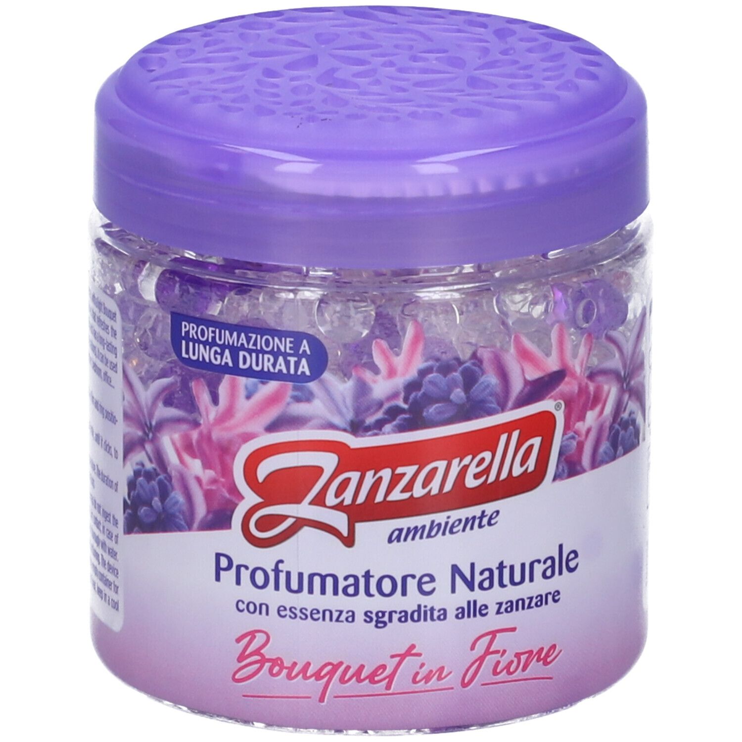 Zanzarella Perle A/Zanz Flor. Contenitore trasparente con coperchio viola. Contenuto: perle di gel e decorazione floreale. Testo: Profumatore Naturale, Bouquet in Fiore.