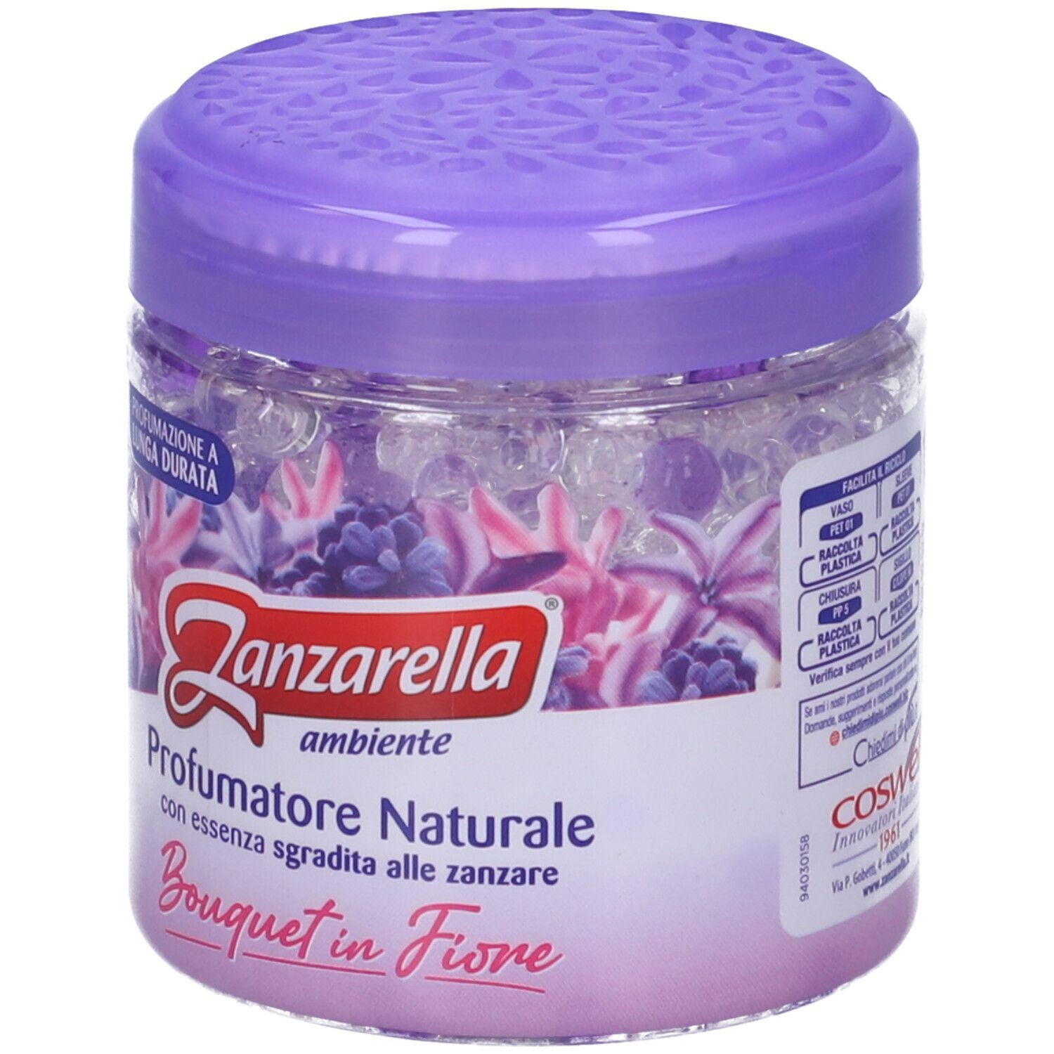 Zanzarella Perle A/Zanz Flor. Contenitore trasparente con coperchio viola. Contenuto: perle di gel e decorazione floreale. Testo: Profumatore Naturale, Bouquet in Fiore.