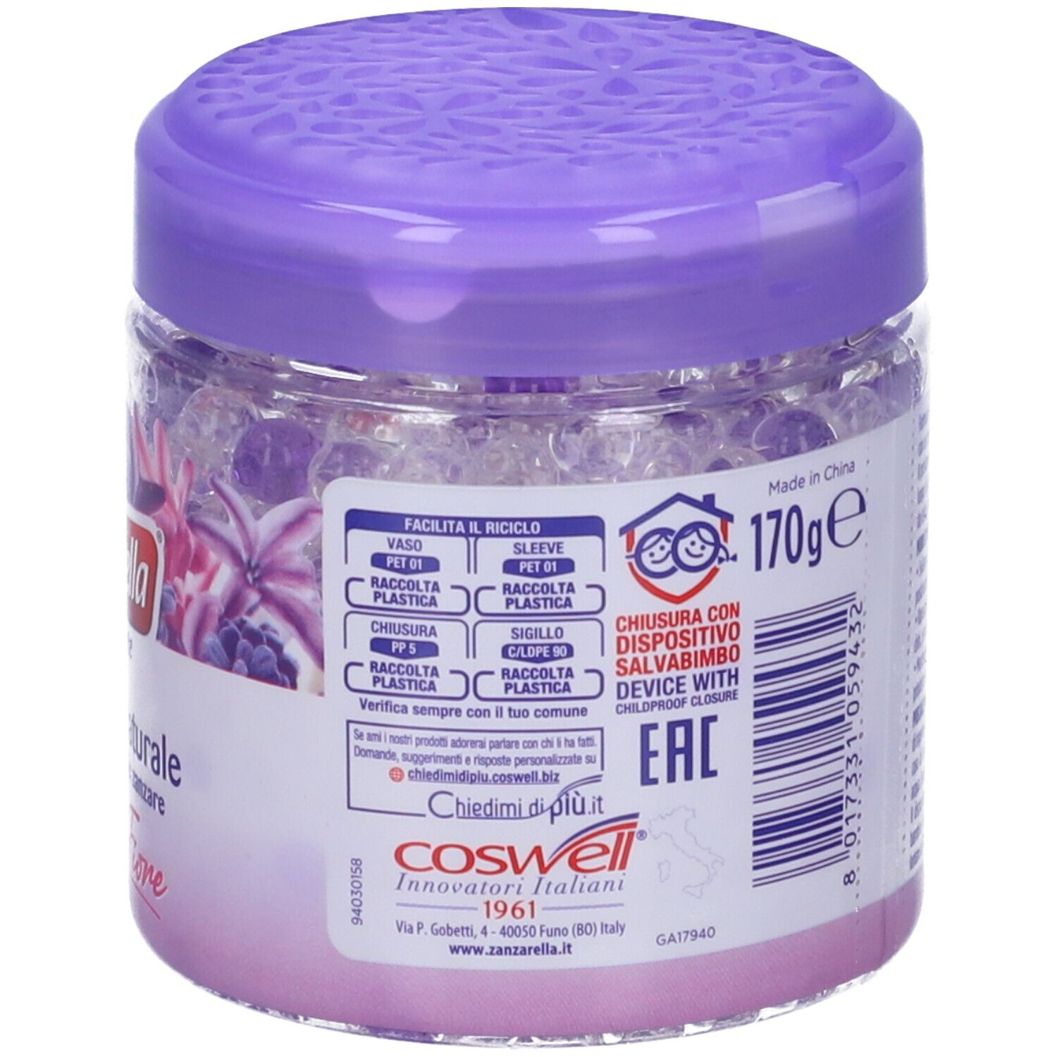 Zanzarella Perle A/Zanz Flor. Contenitore trasparente con coperchio viola. Contenuto: perle di gel. Testo: Profumatore Naturale, Bouquet in Fiore. Peso: 170g.