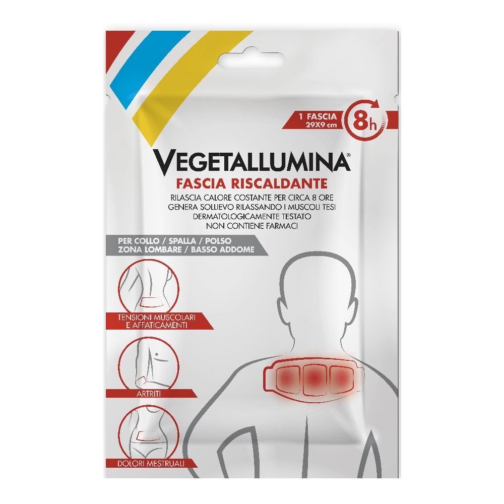 Confezione di Vegetallumina Fascia Riscaldante. 29x29 cm, 8h. Per collo, spalle, zona lombare, basso addome. Illustrazioni.