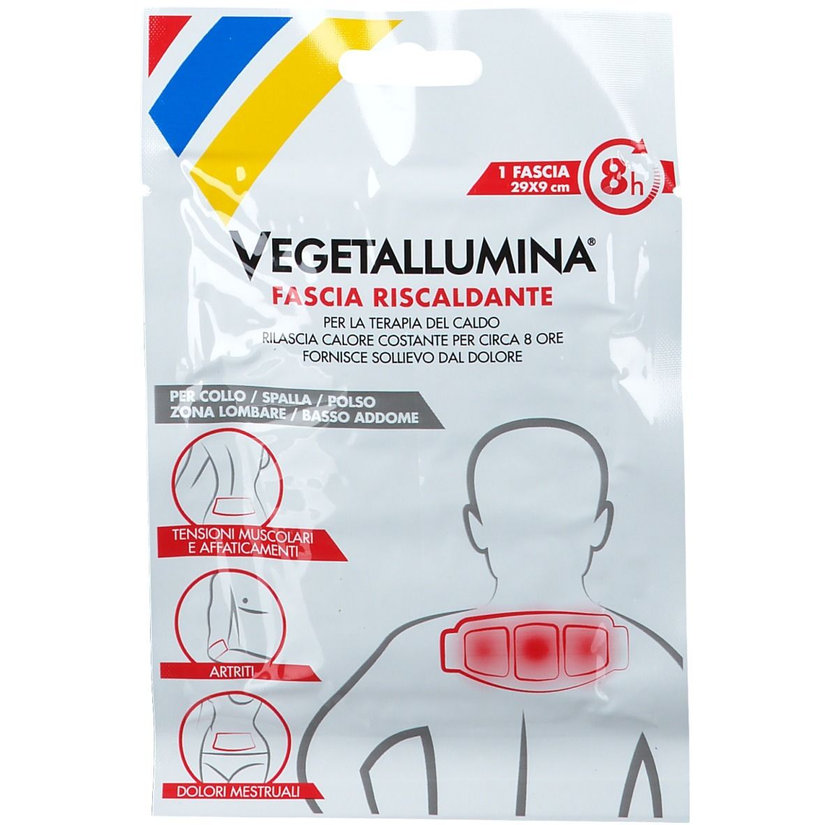 Confezione di Vegetallumina Fascia Riscaldante. 29x29 cm, 8h. Per collo, spalle, zona lombare, basso addome. Illustrazioni.