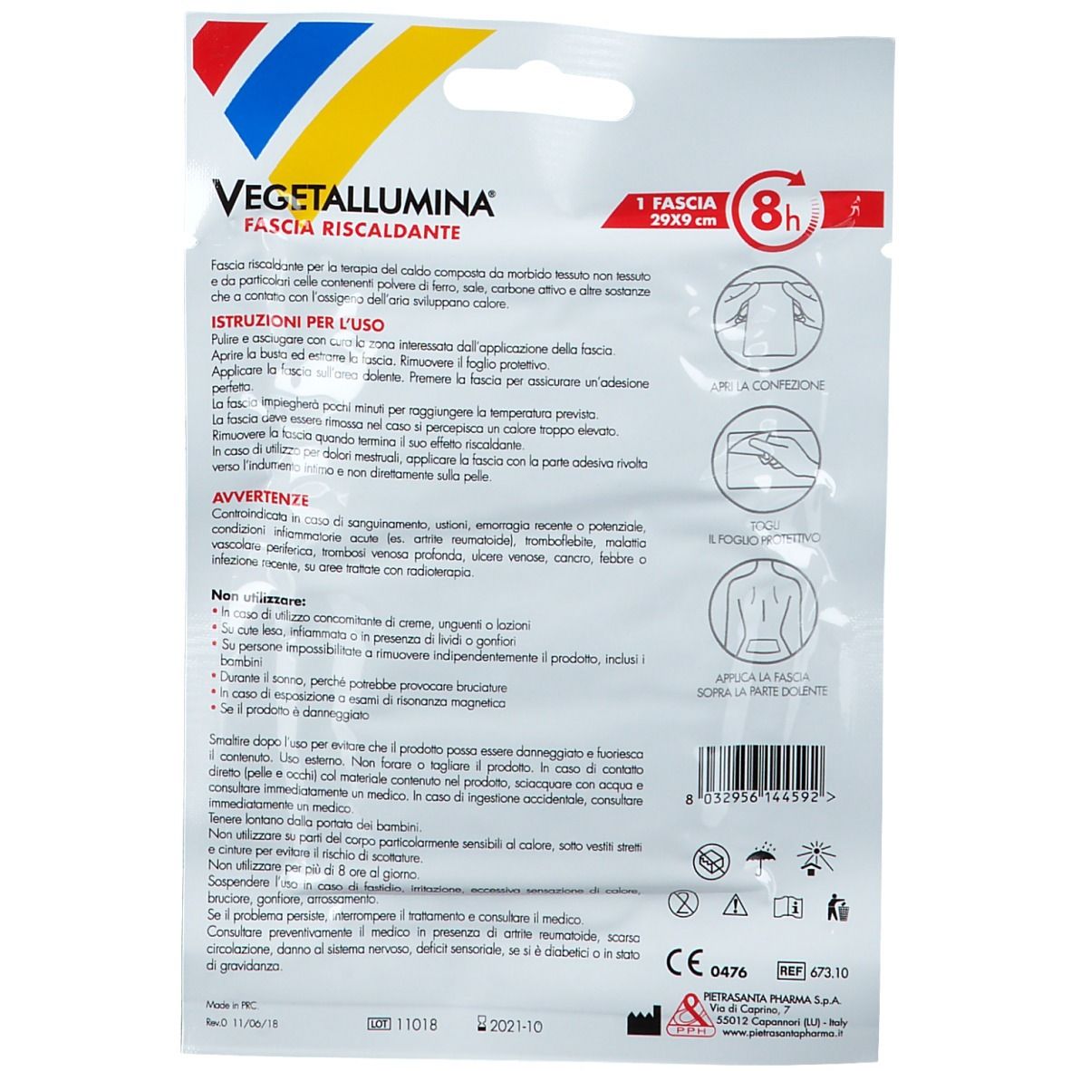 Retro della confezione di Vegetallumina Fascia Riscaldante. Testo, illustrazioni, codice a barre, informazioni del produttore.