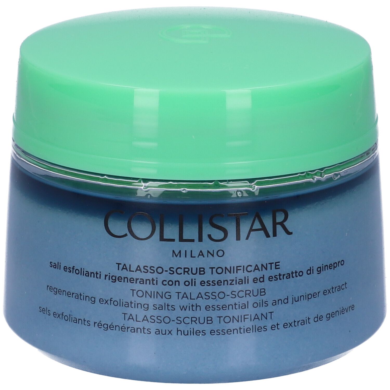Vaso blu con coperchio verde. Scritta: COLLISTAR, TALASSO-SCRUB TONIFICANTE.