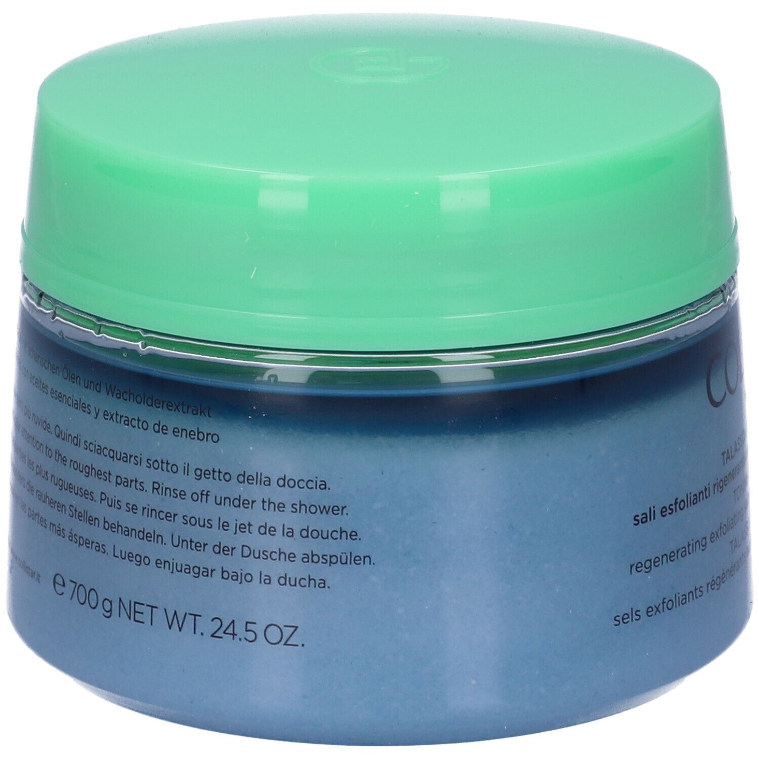 Vaso blu con coperchio verde. Testo sull'etichetta. Peso: 700 g.
