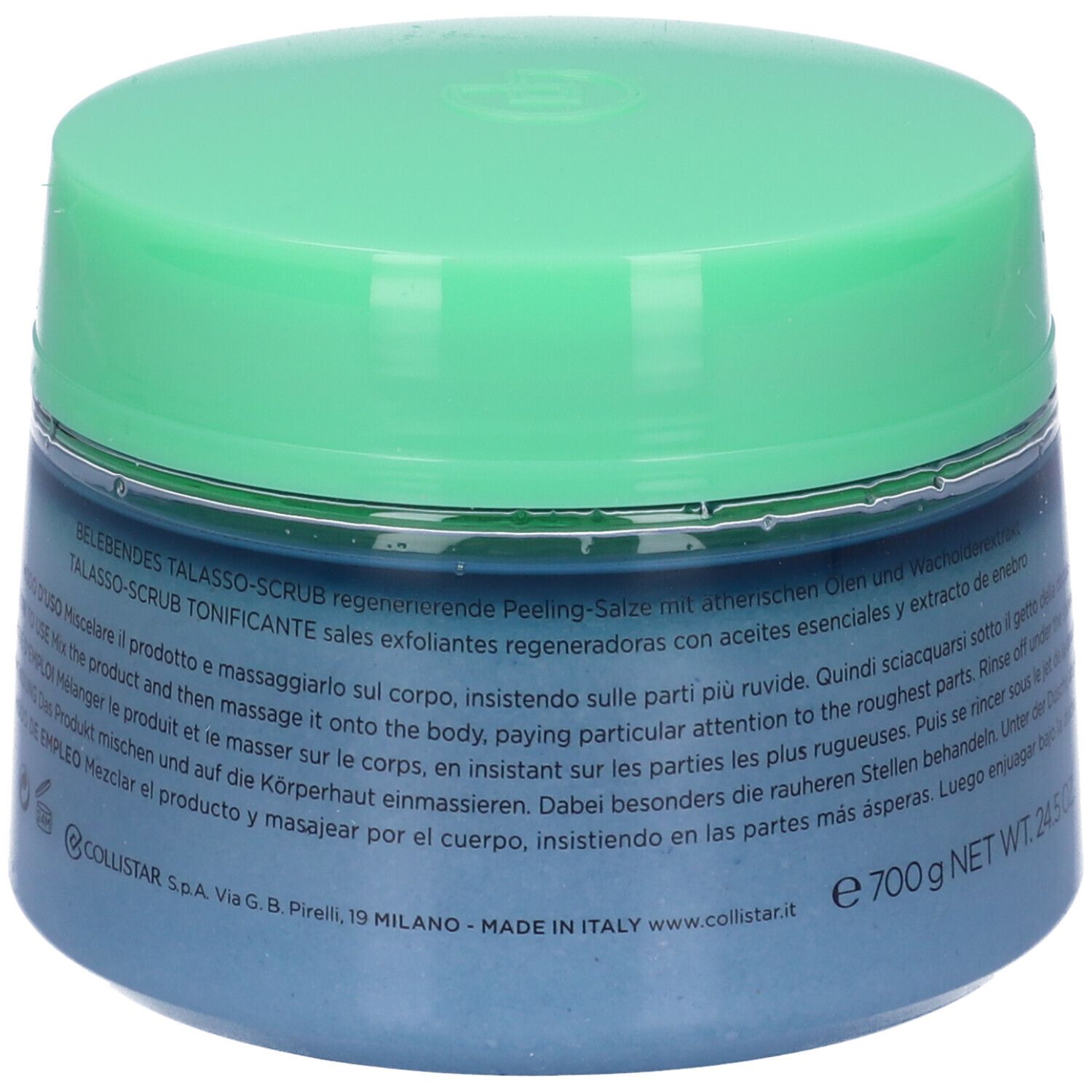 Vaso blu con coperchio verde. Testo sull'etichetta. Peso: 700 g.