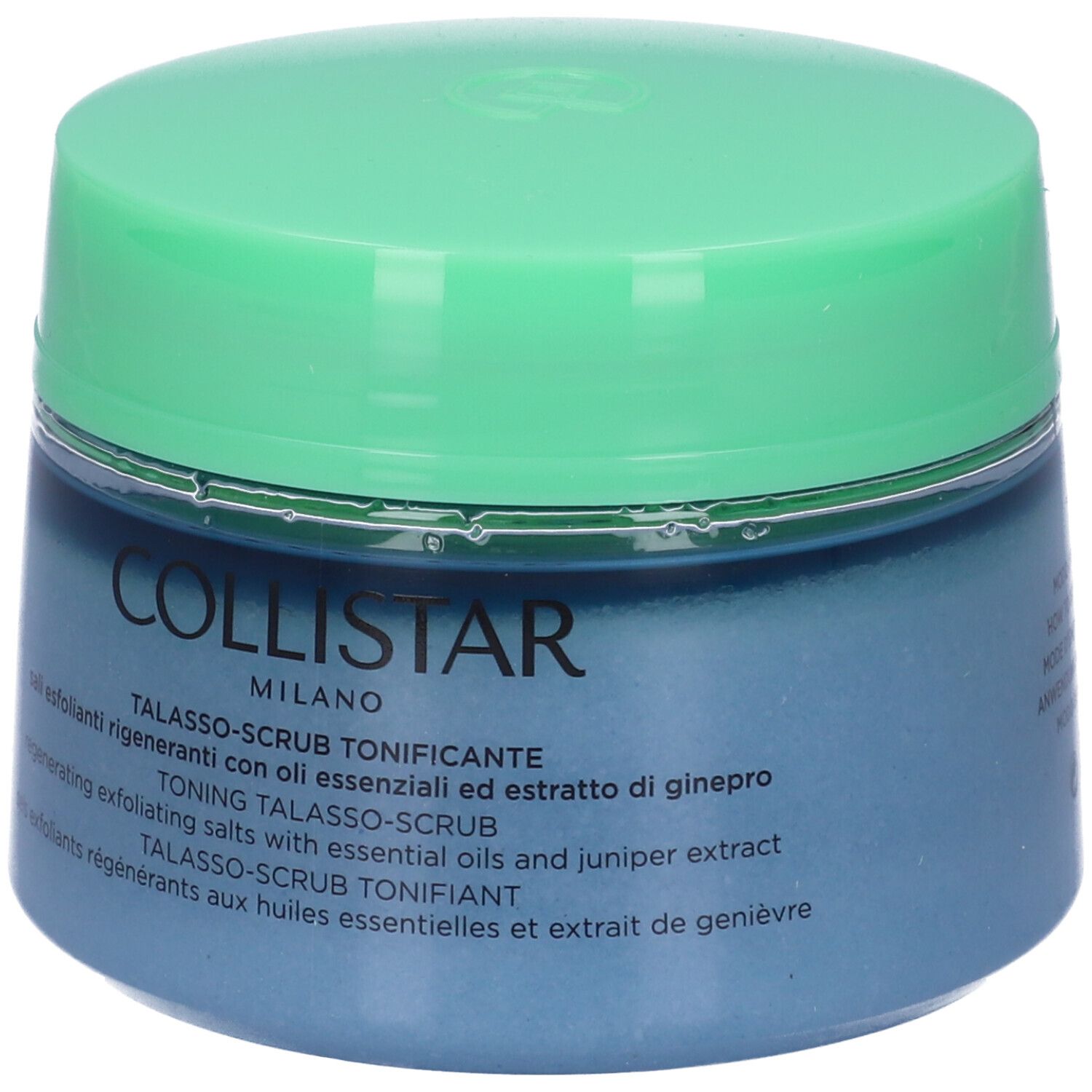 Vaso blu con coperchio verde. Scritta: COLLISTAR, TALASSO-SCRUB TONIFICANTE.