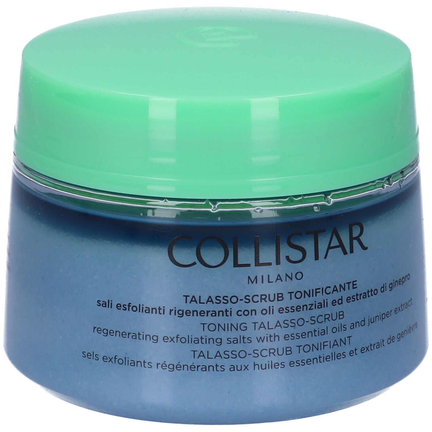 Vaso blu con coperchio verde. Scritta: COLLISTAR, TALASSO-SCRUB TONIFICANTE.