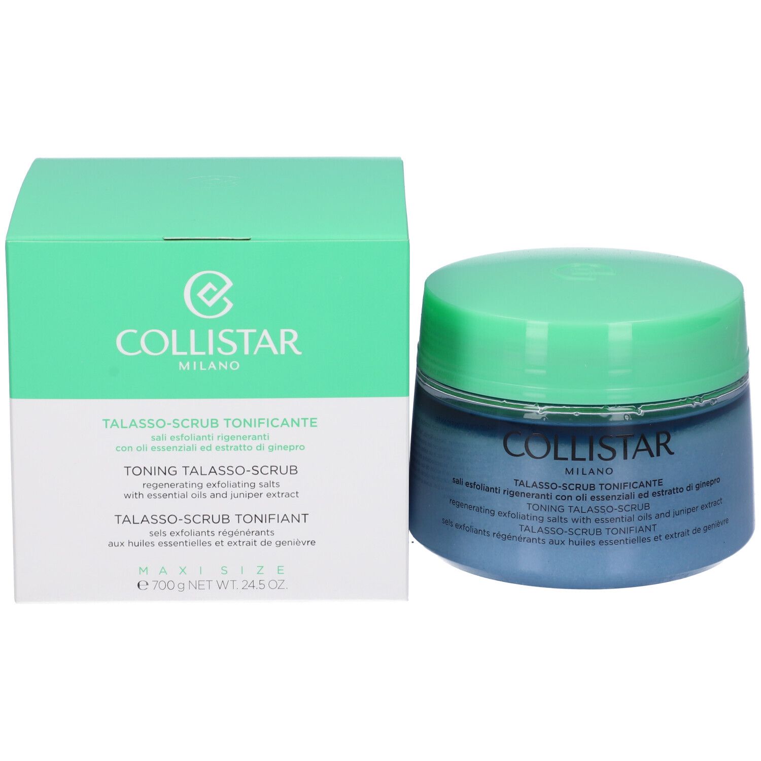 Vaso blu con coperchio verde e confezione verde. Scritta: COLLISTAR, TALASSO-SCRUB TONIFICANTE.