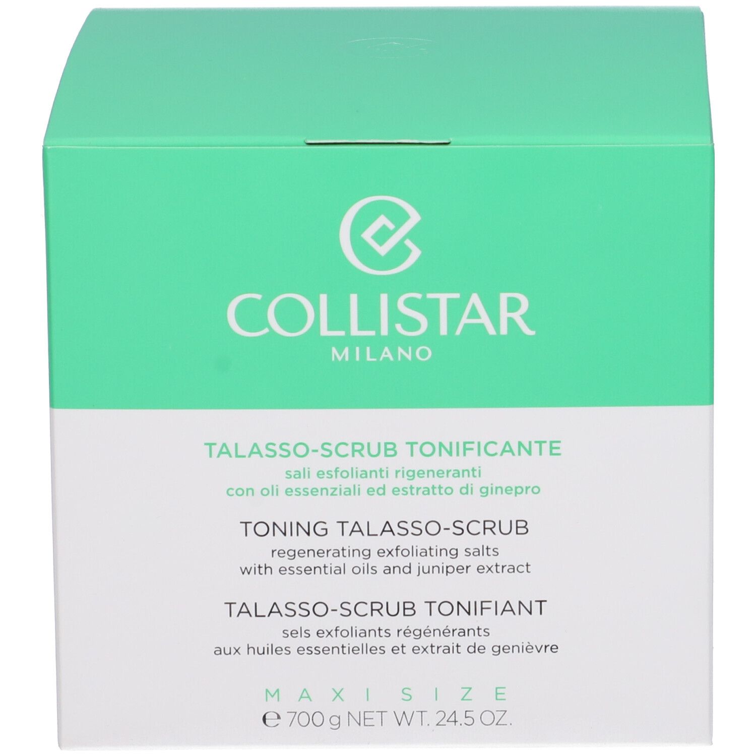 Confezione verde. Scritta: COLLISTAR, TALASSO-SCRUB TONIFICANTE. Peso: 700 g.