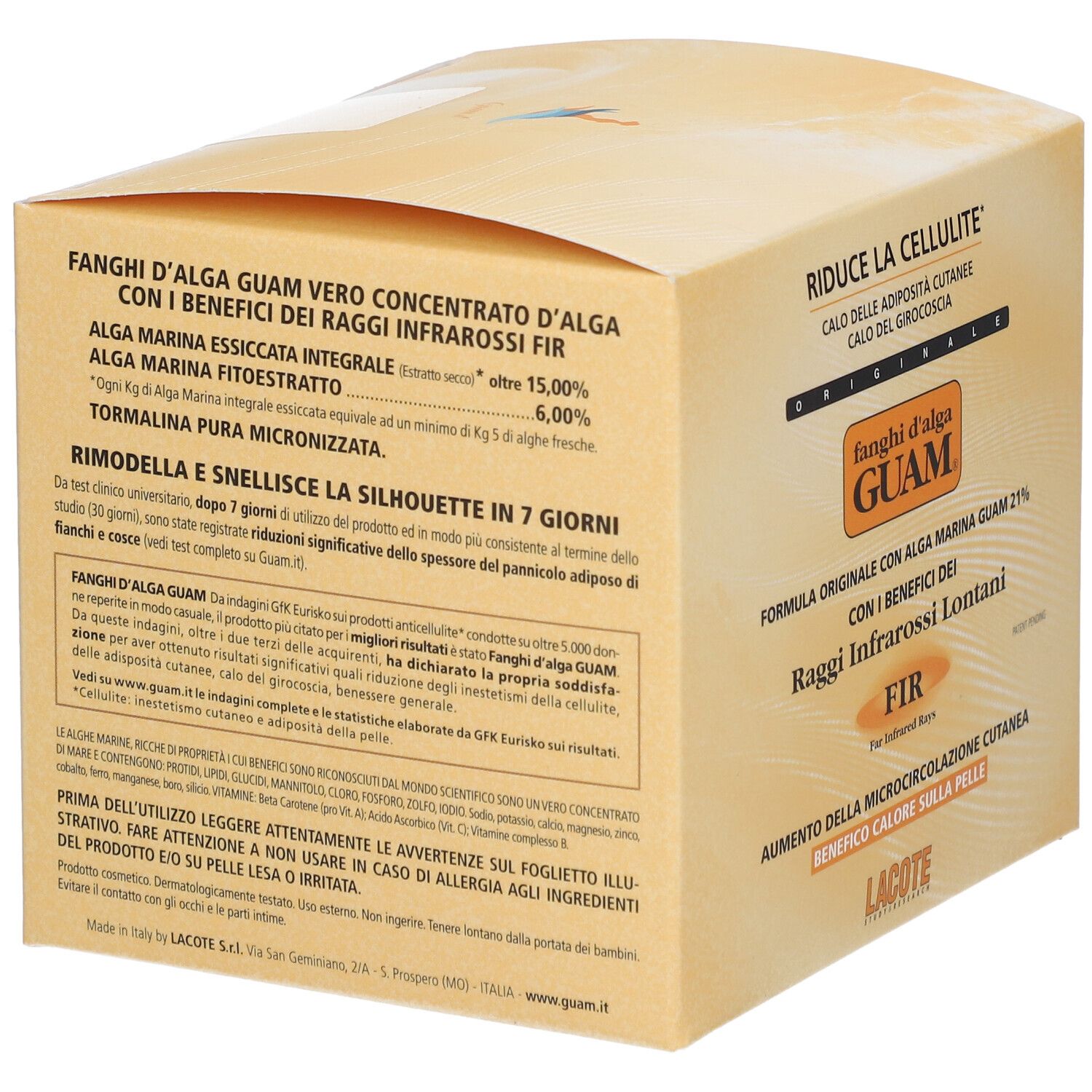 Verpackung von GUAM® Fanghi d'Alga Guam F.I.R. mit Text und Logo.