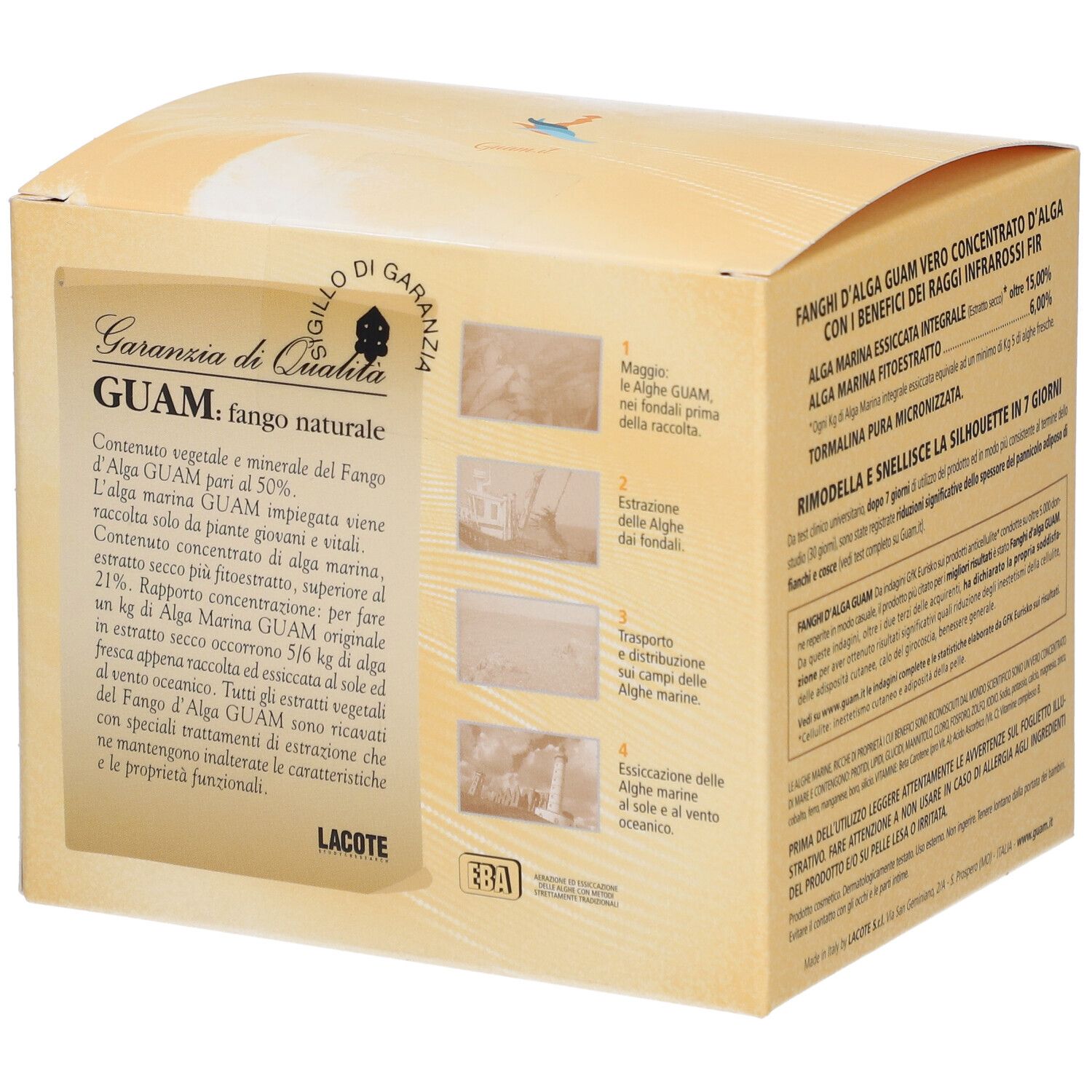 Verpackung von GUAM® Fanghi d'Alga Guam F.I.R. mit Text und Logo.