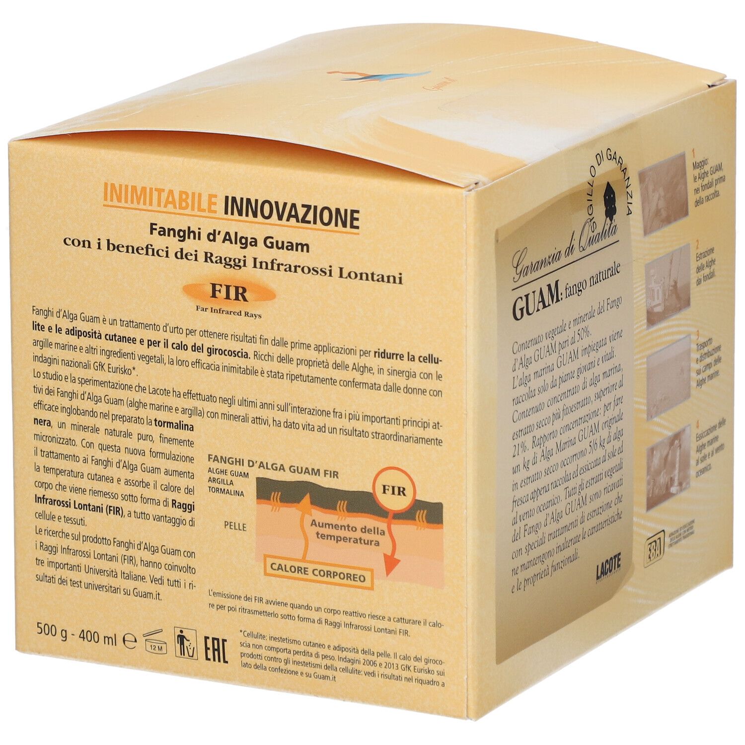 Verpackung von GUAM® Fanghi d'Alga Guam F.I.R. mit Text und Logo.