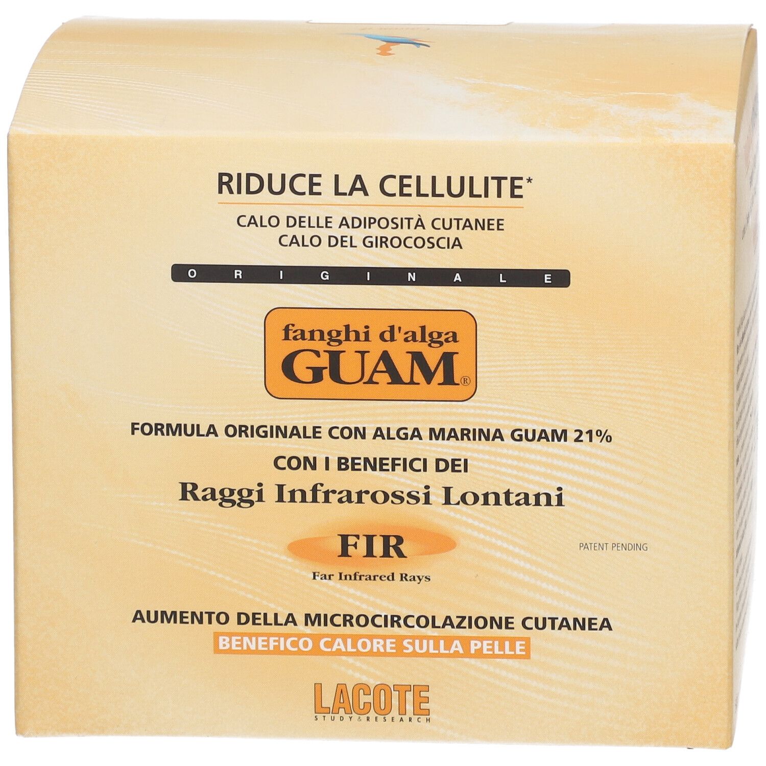 Verpackung von GUAM® Fanghi d'Alga Guam F.I.R. mit Text und Logo.