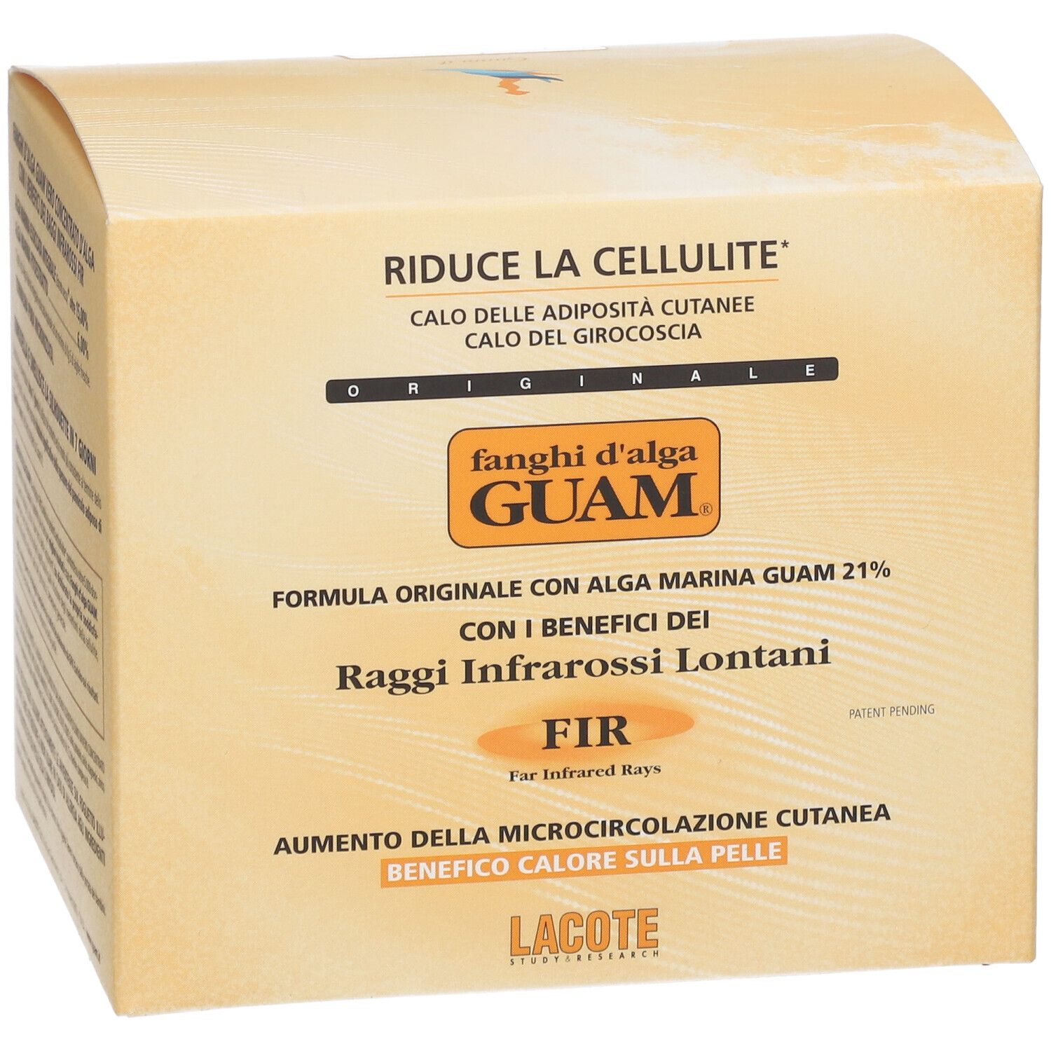Verpackung von GUAM® Fanghi d'Alga Guam F.I.R. mit Text und Logo.
