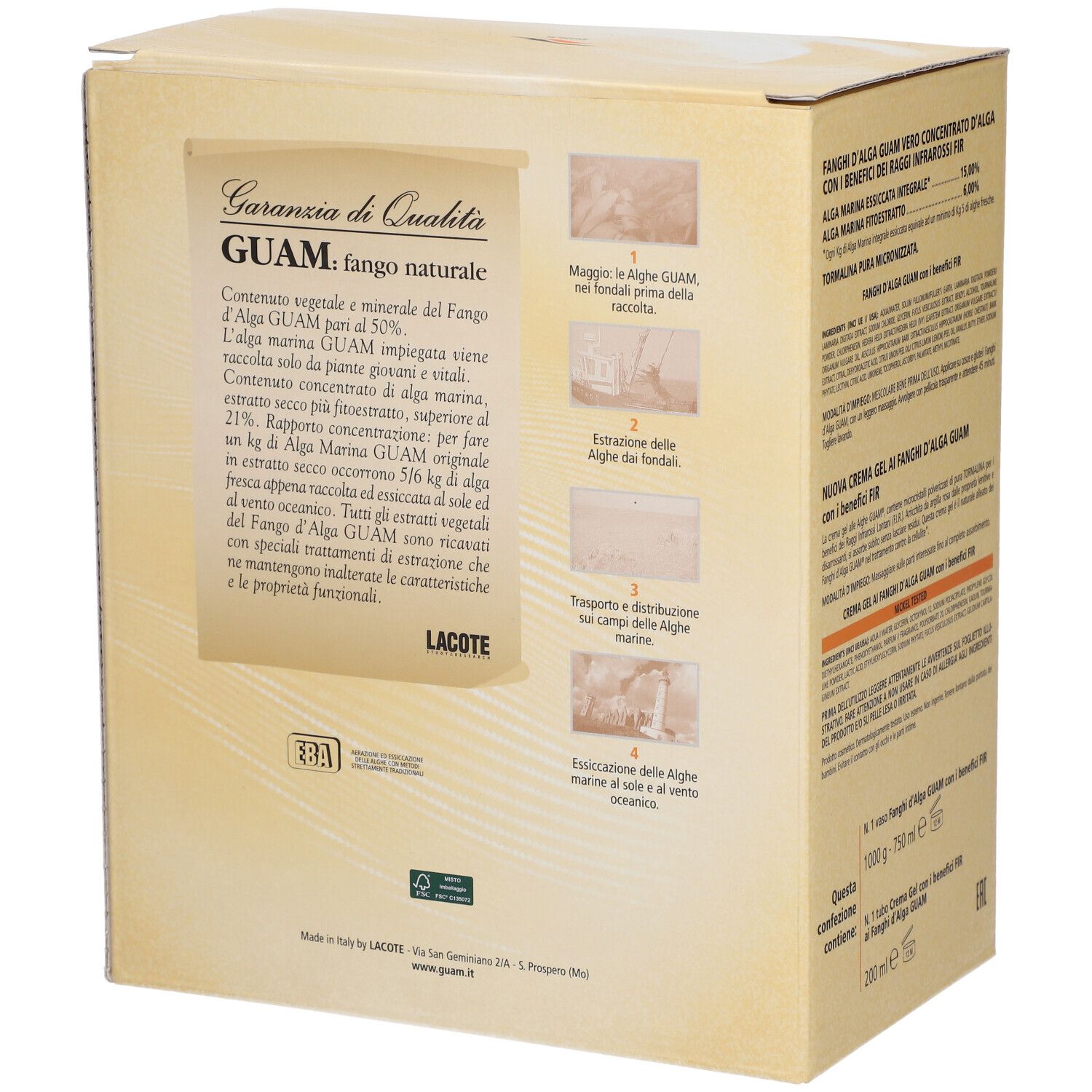 GUAM Naturfango-Verpackung mit Produktinformationen und Bildern zur Herstellung.