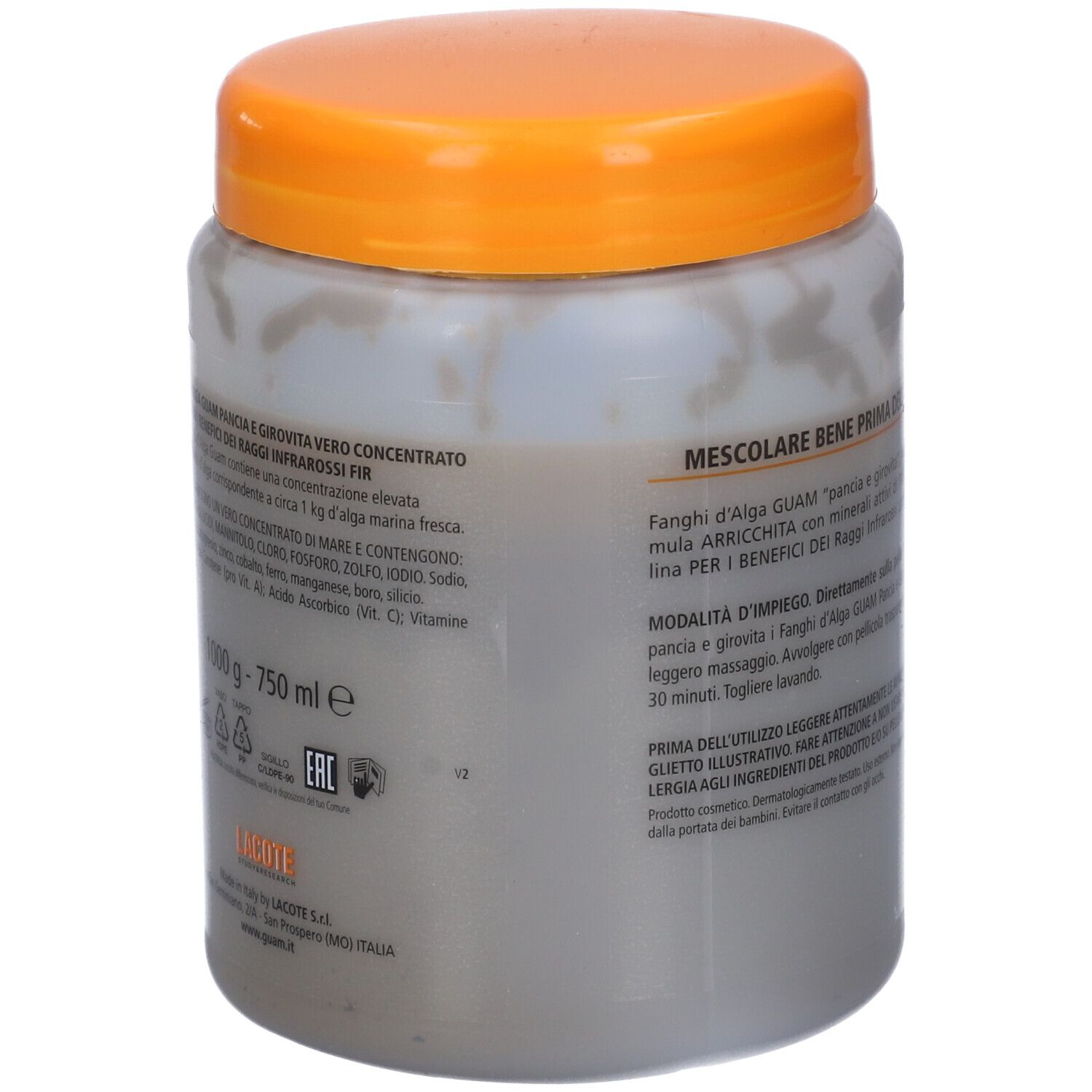 Retro del barattolo grigio con coperchio arancione. Testo: GUAM Pancia e Girovita. Ingredienti e istruzioni per l'uso.