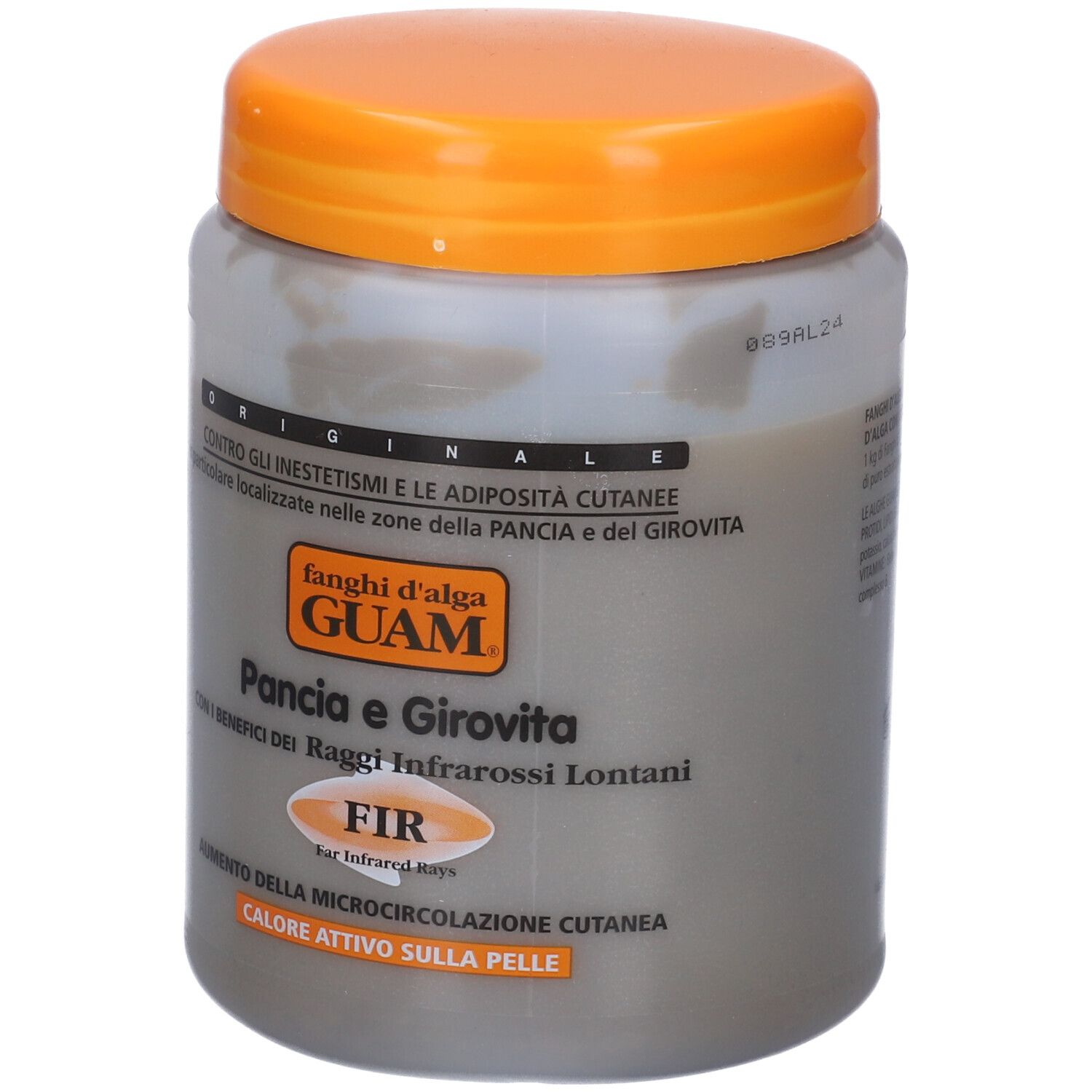 Barattolo grigio con coperchio arancione. Scritta: GUAM Pancia e Girovita FIR. Con raggi infrarossi. Massa grigia visibile.
