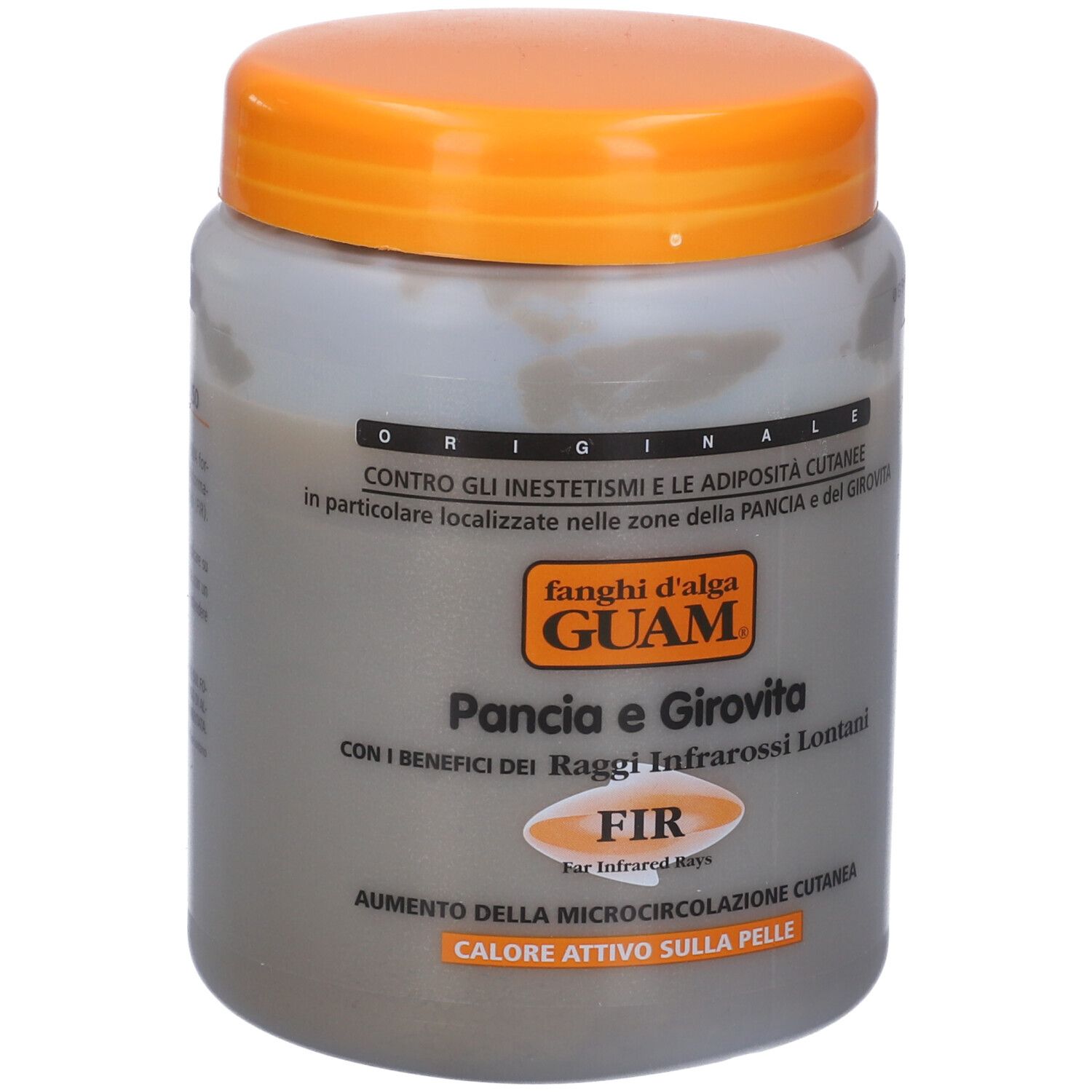 Barattolo grigio con coperchio arancione. Scritta: GUAM Pancia e Girovita FIR. Con raggi infrarossi. Massa grigia visibile.