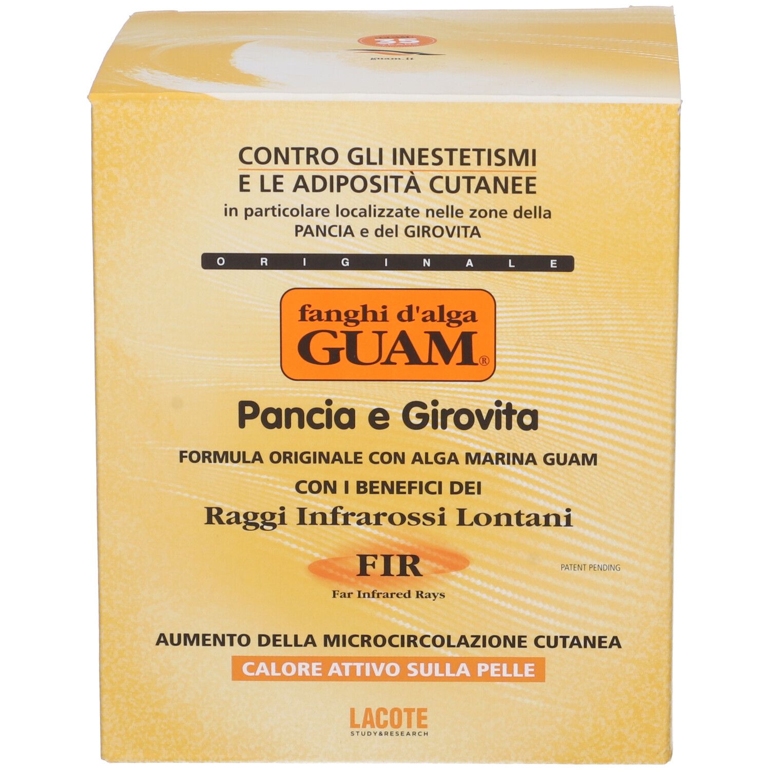 Scatola con scritta: GUAM Pancia e Girovita FIR. Con raggi infrarossi. Colori giallo e bianco.