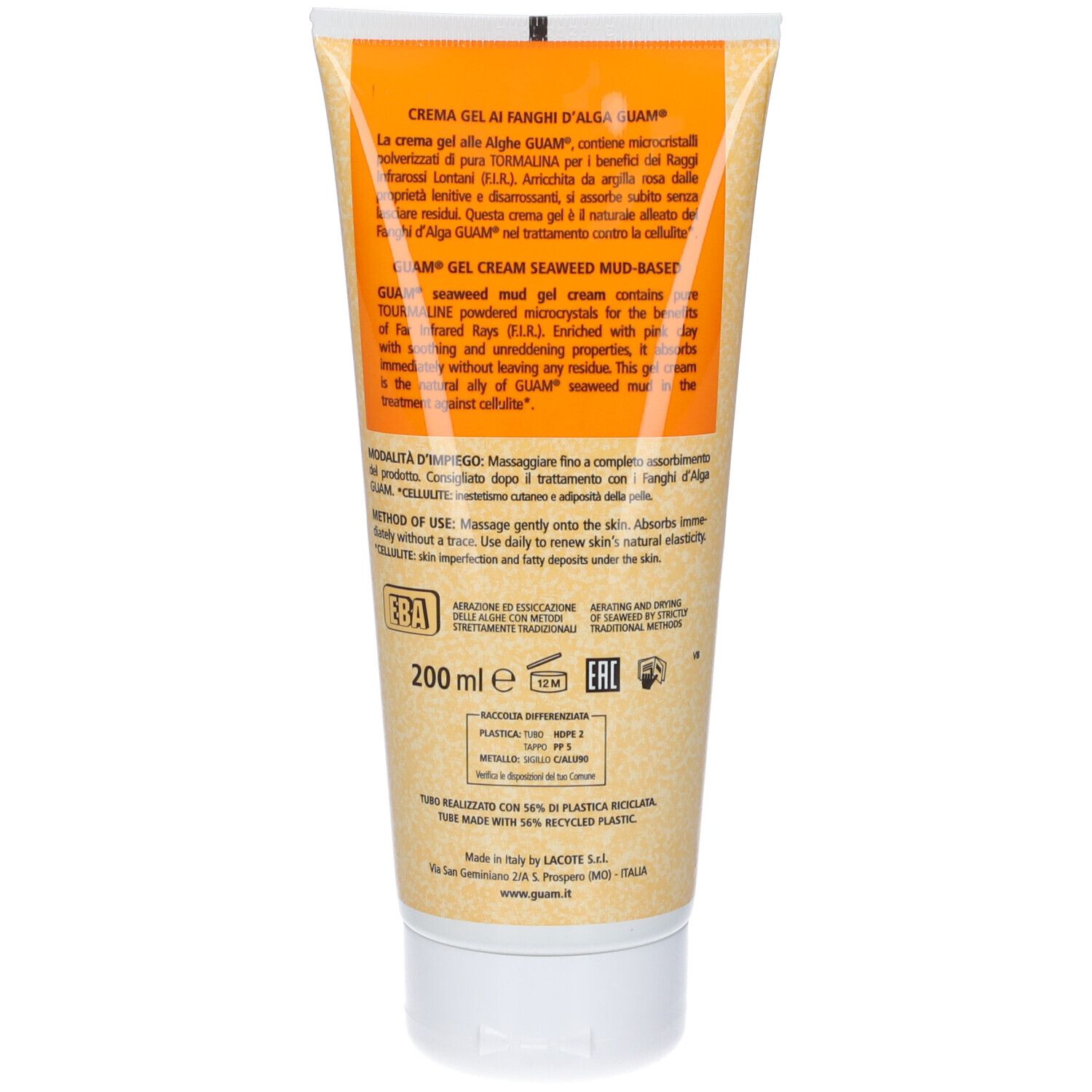 Rückseite einer Tube GUAM® F.I.R. Algen-Schlamm-Gel-Creme. Text in mehreren Sprachen. Enthält Informationen zum Produkt.
