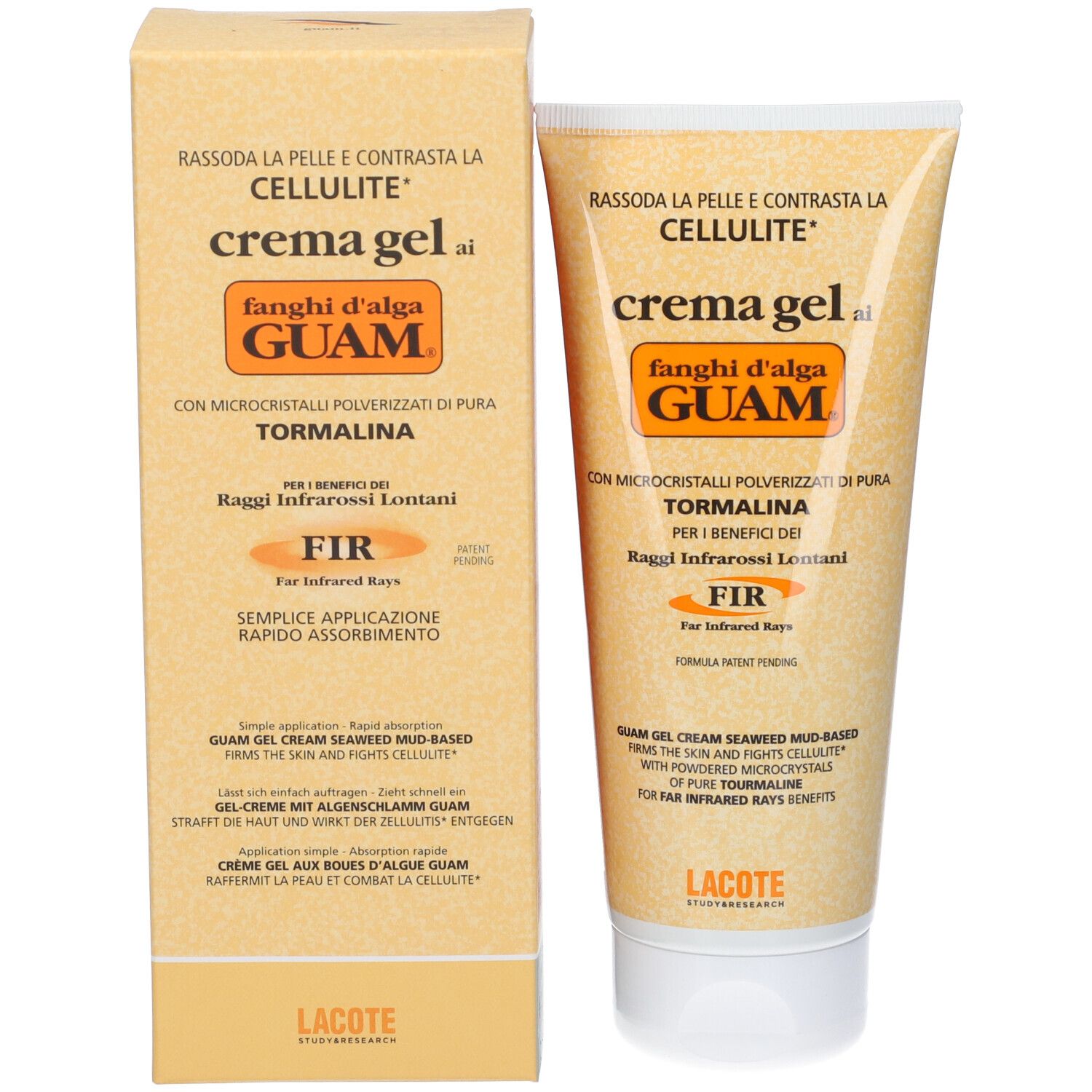 Produktverpackung mit Tube GUAM® F.I.R. Algen-Schlamm-Gel-Creme. Beige Verpackung mit gelber Schrift. Text: „Rassoda la pelle e contrasta la cellulite“.