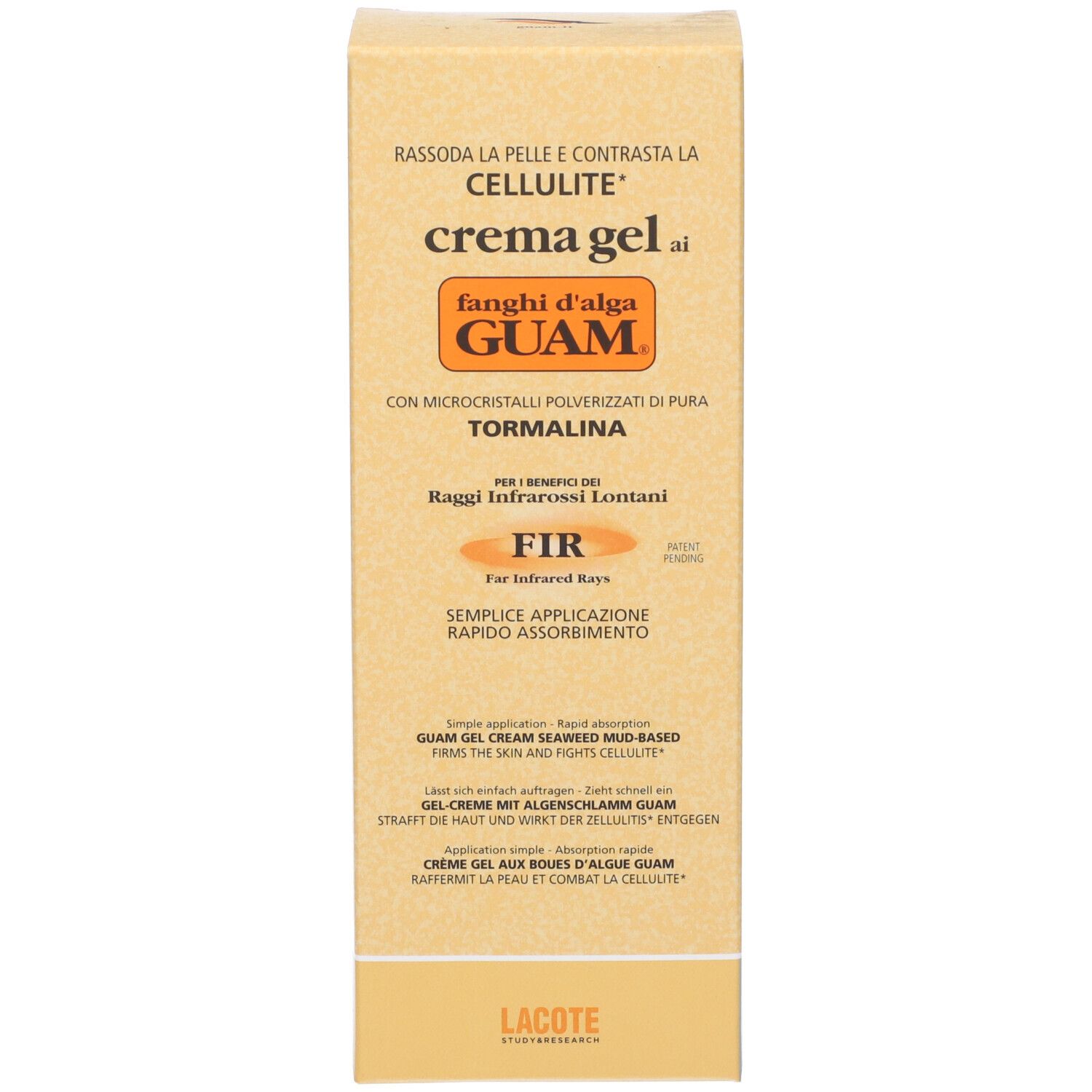 Produktverpackung GUAM® F.I.R. Algen-Schlamm-Gel-Creme. Beige Verpackung mit gelber Schrift. Text: „Rassoda la pelle e contrasta la cellulite“.