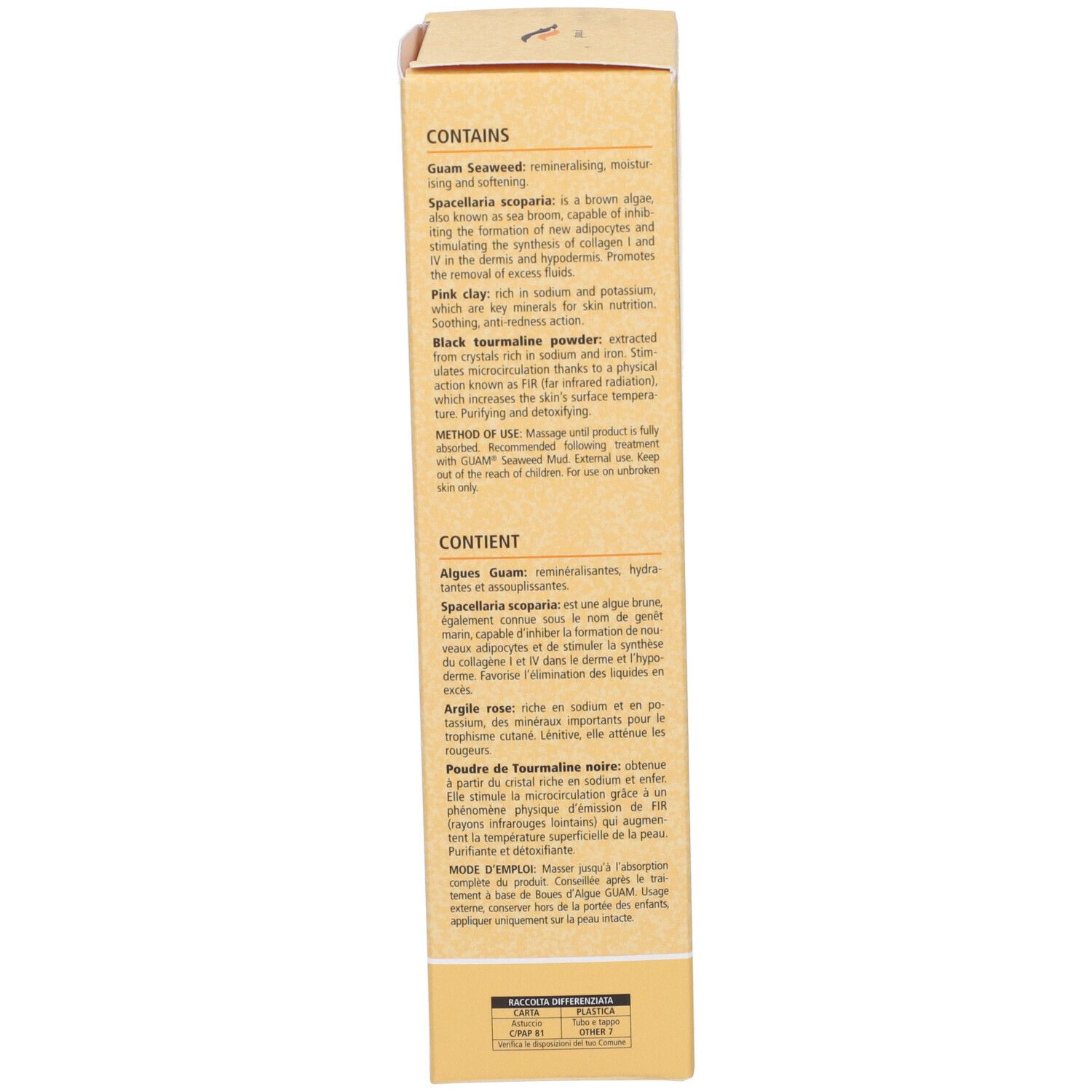 Seite der Produktverpackung GUAM® F.I.R. Algen-Schlamm-Gel-Creme. Text in mehreren Sprachen. Enthält Inhaltsstoffe und Anwendung.
