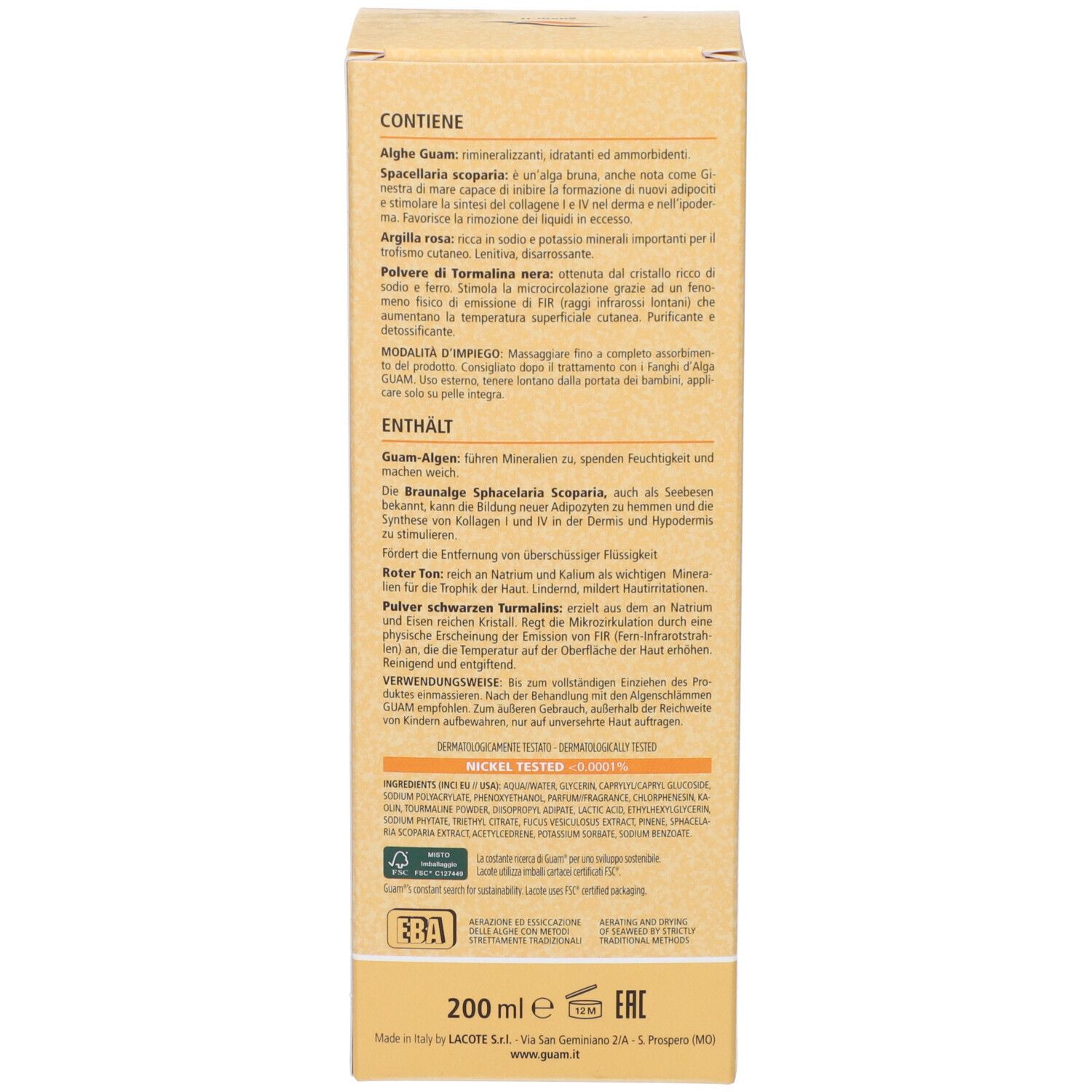 Seite der Produktverpackung GUAM® F.I.R. Algen-Schlamm-Gel-Creme. Text in mehreren Sprachen. Enthält Inhaltsstoffe und Anwendung.