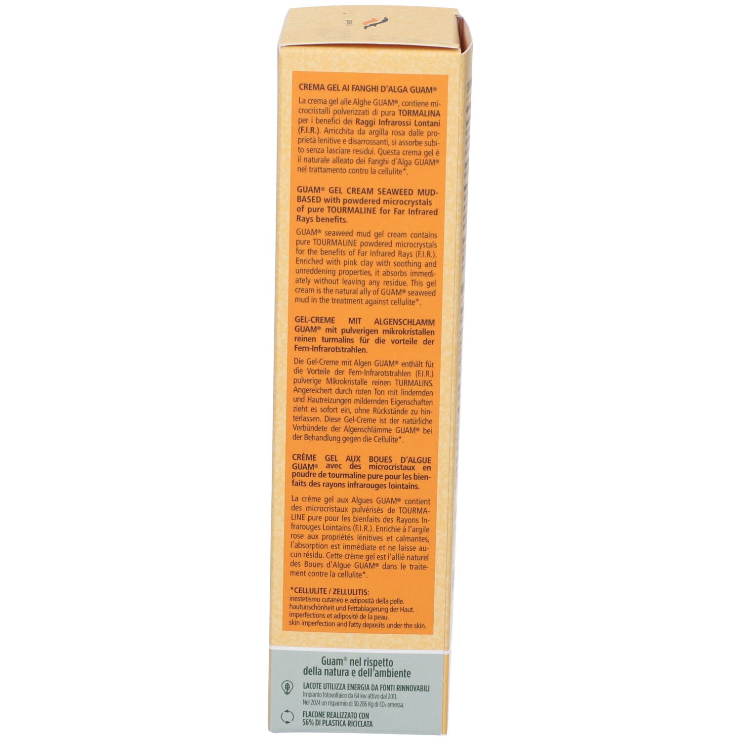 Seite der Produktverpackung GUAM® F.I.R. Algen-Schlamm-Gel-Creme. Text in mehreren Sprachen. Enthält Produktbeschreibung.